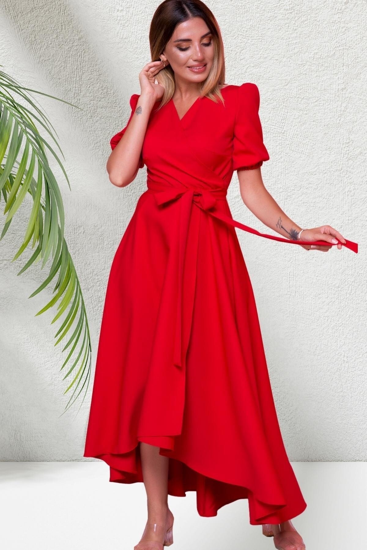Long Asymmetric Cut Short-Sleeve Wrap-Neck Dress - Red - Bidoluelbise
