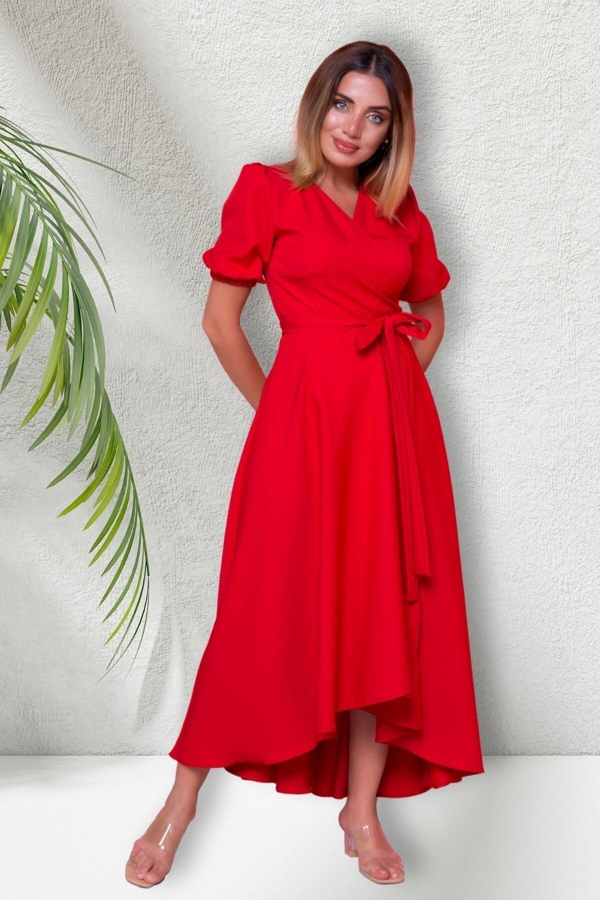 Long Asymmetric Cut Short-Sleeve Wrap-Neck Dress - Red - Bidoluelbise