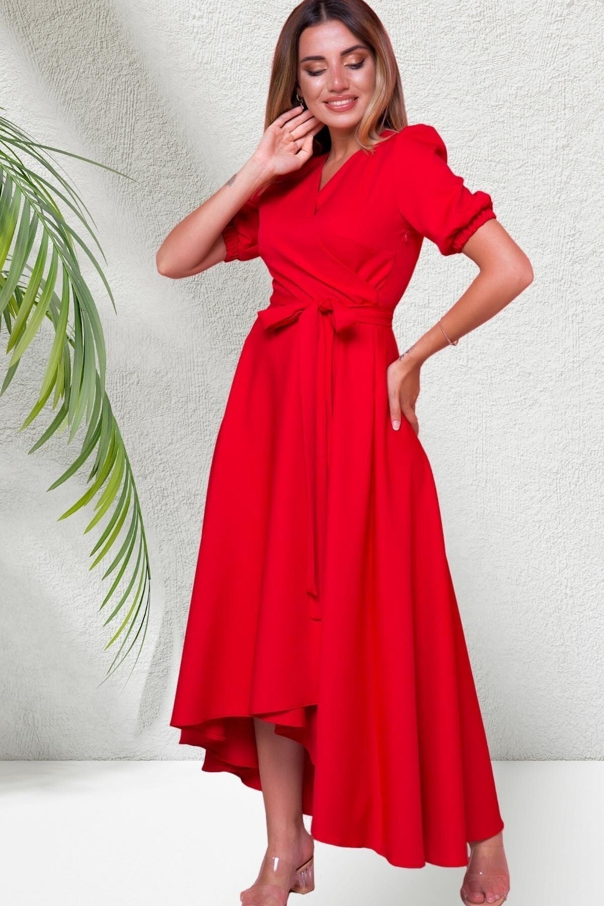 Long Asymmetric Cut Short-Sleeve Wrap-Neck Dress - Red - Bidoluelbise