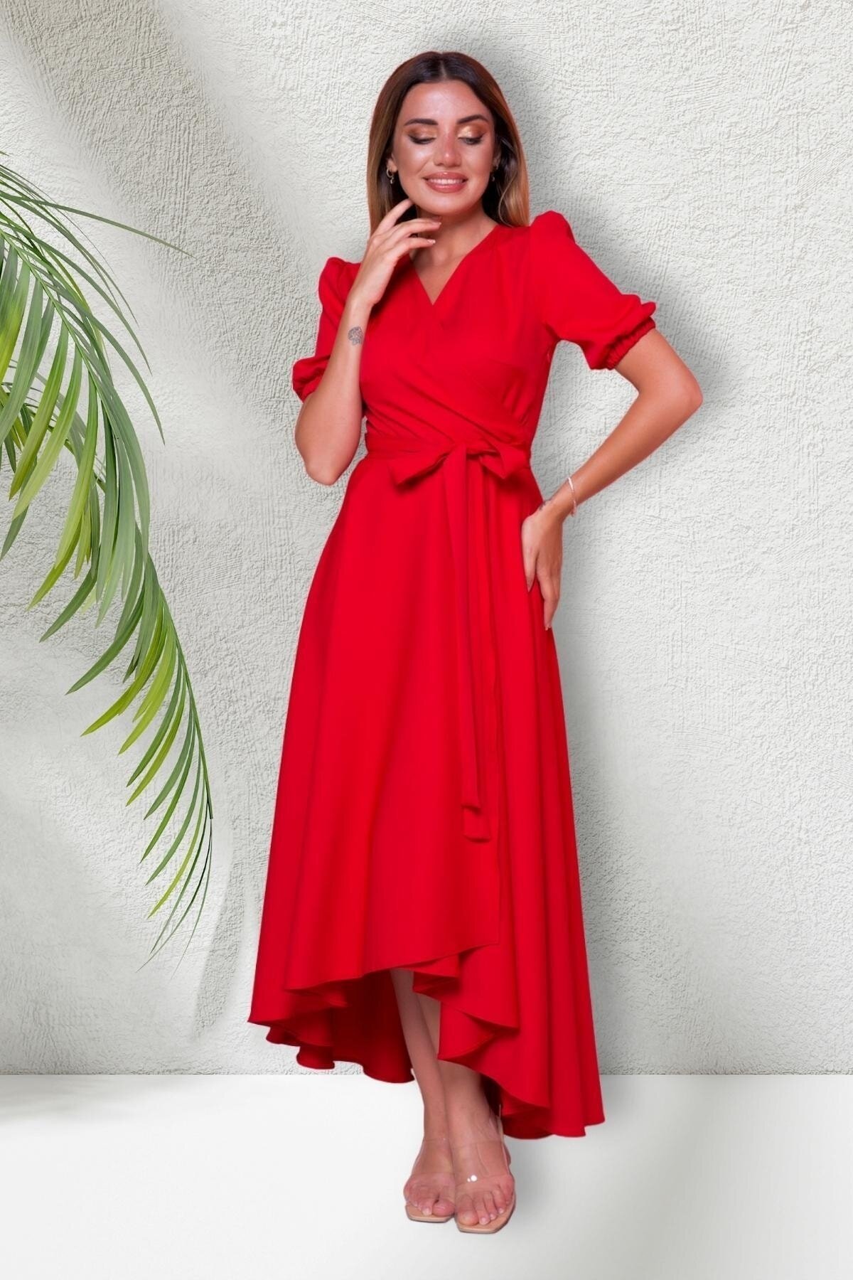 Long Asymmetric Cut Short-Sleeve Wrap-Neck Dress - Red - Bidoluelbise
