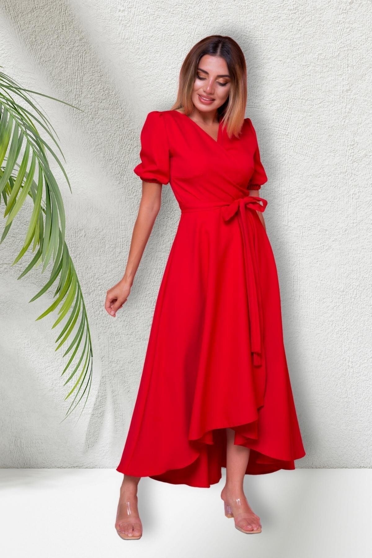 Long Asymmetric Cut Short-Sleeve Wrap-Neck Dress - Red - Bidoluelbise