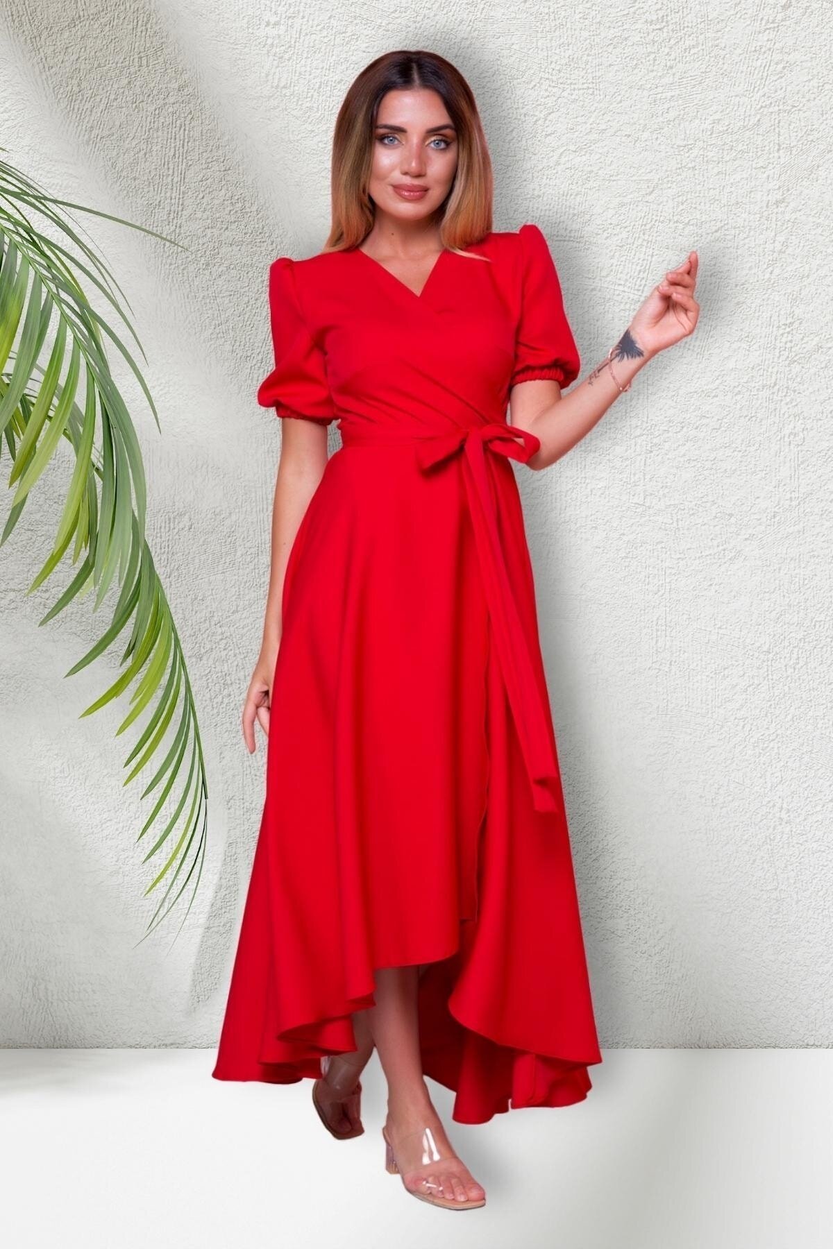 Long Asymmetric Cut Short-Sleeve Wrap-Neck Dress - Red - Bidoluelbise