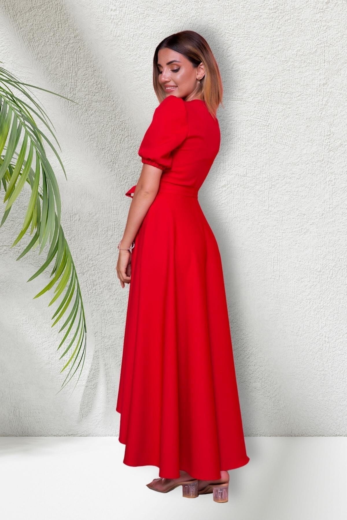 Long Asymmetric Cut Short-Sleeve Wrap-Neck Dress - Red - Bidoluelbise