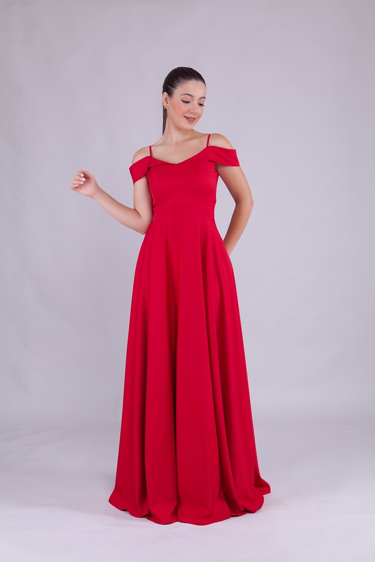 Long Strappy Shoulder-Detail Evening Dress - Red - Bidoluelbise