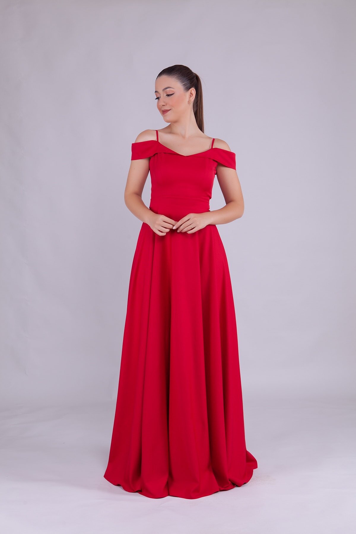 Long Strappy Shoulder-Detail Evening Dress - Red - Bidoluelbise