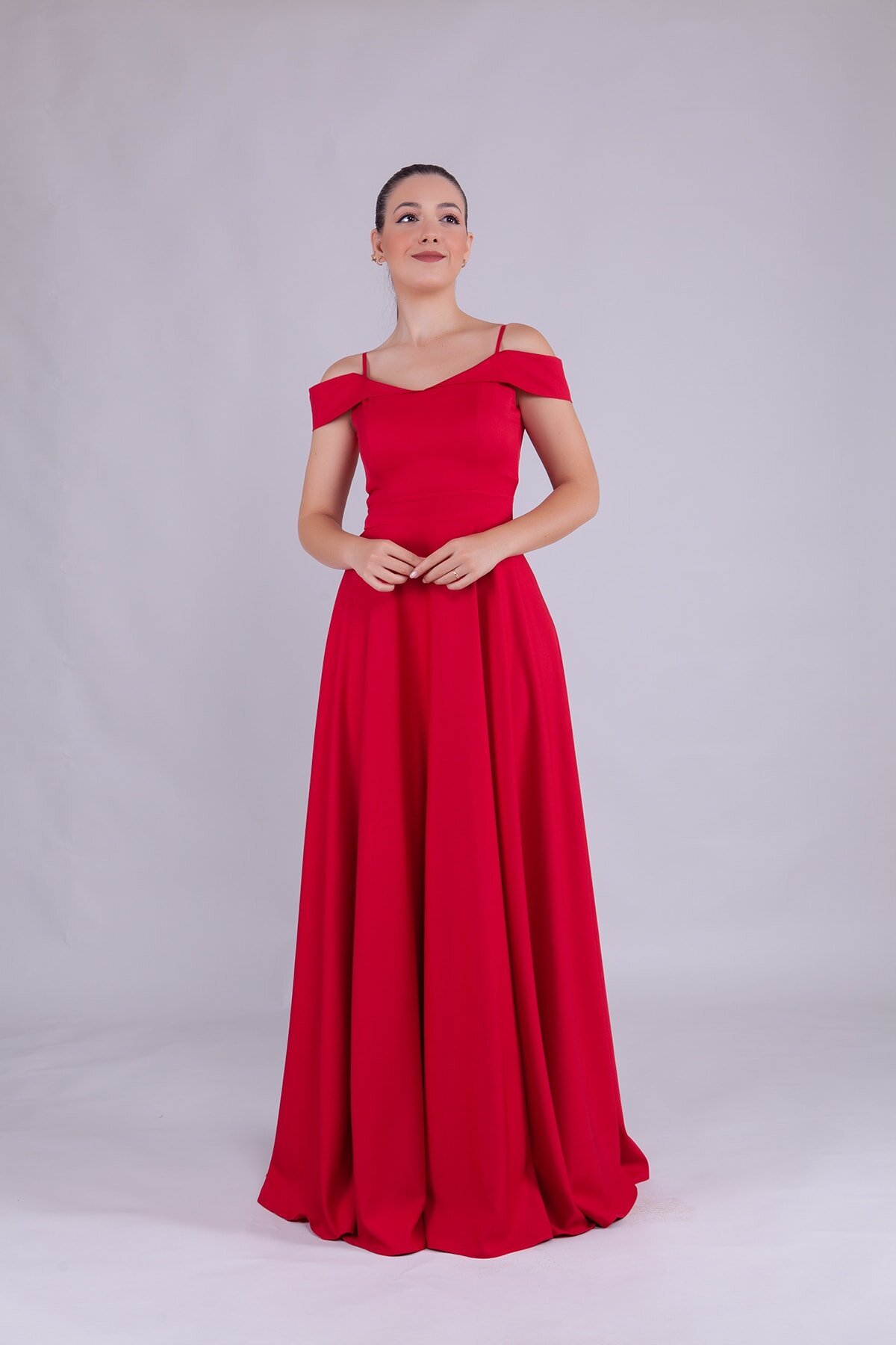 Long Strappy Shoulder-Detail Evening Dress - Red - Bidoluelbise