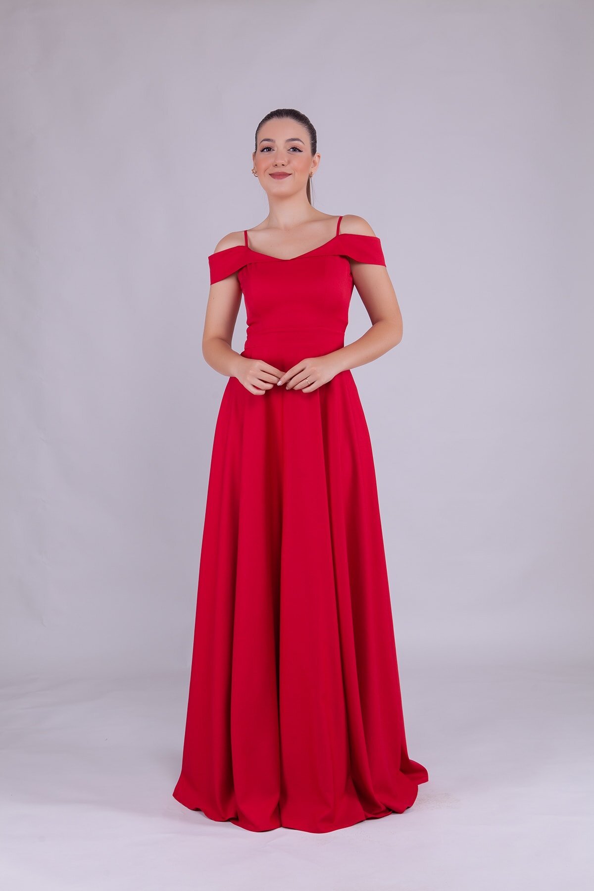 Long Strappy Shoulder-Detail Evening Dress - Red - Bidoluelbise
