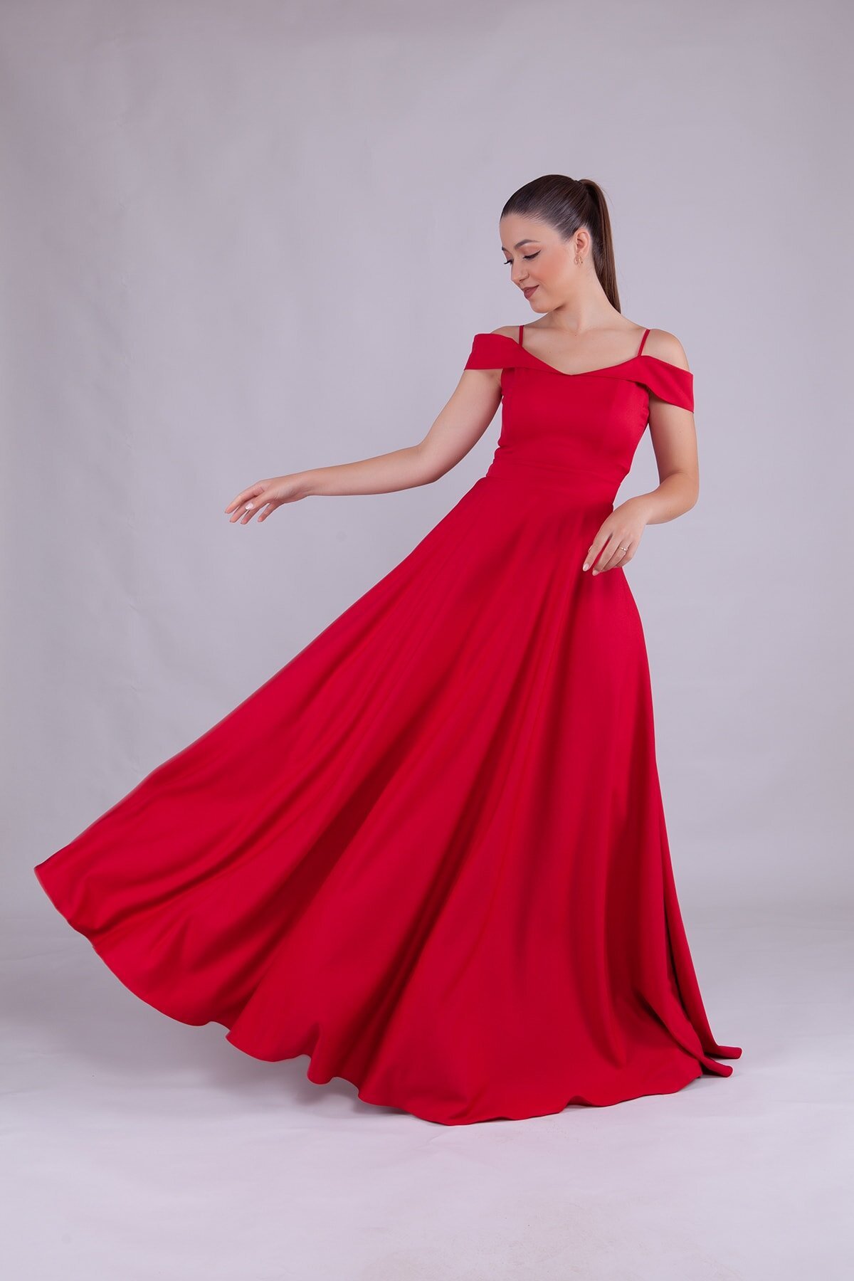 Long Strappy Shoulder-Detail Evening Dress - Red - Bidoluelbise