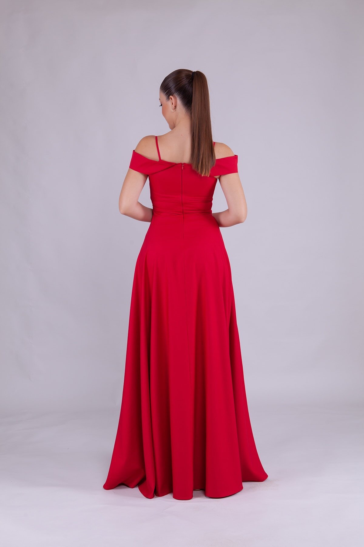 Long Strappy Shoulder-Detail Evening Dress - Red - Bidoluelbise