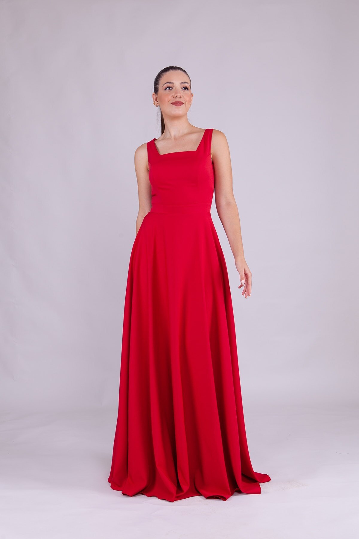 Long Square-Neck Evening Dress - Red - Bidoluelbise