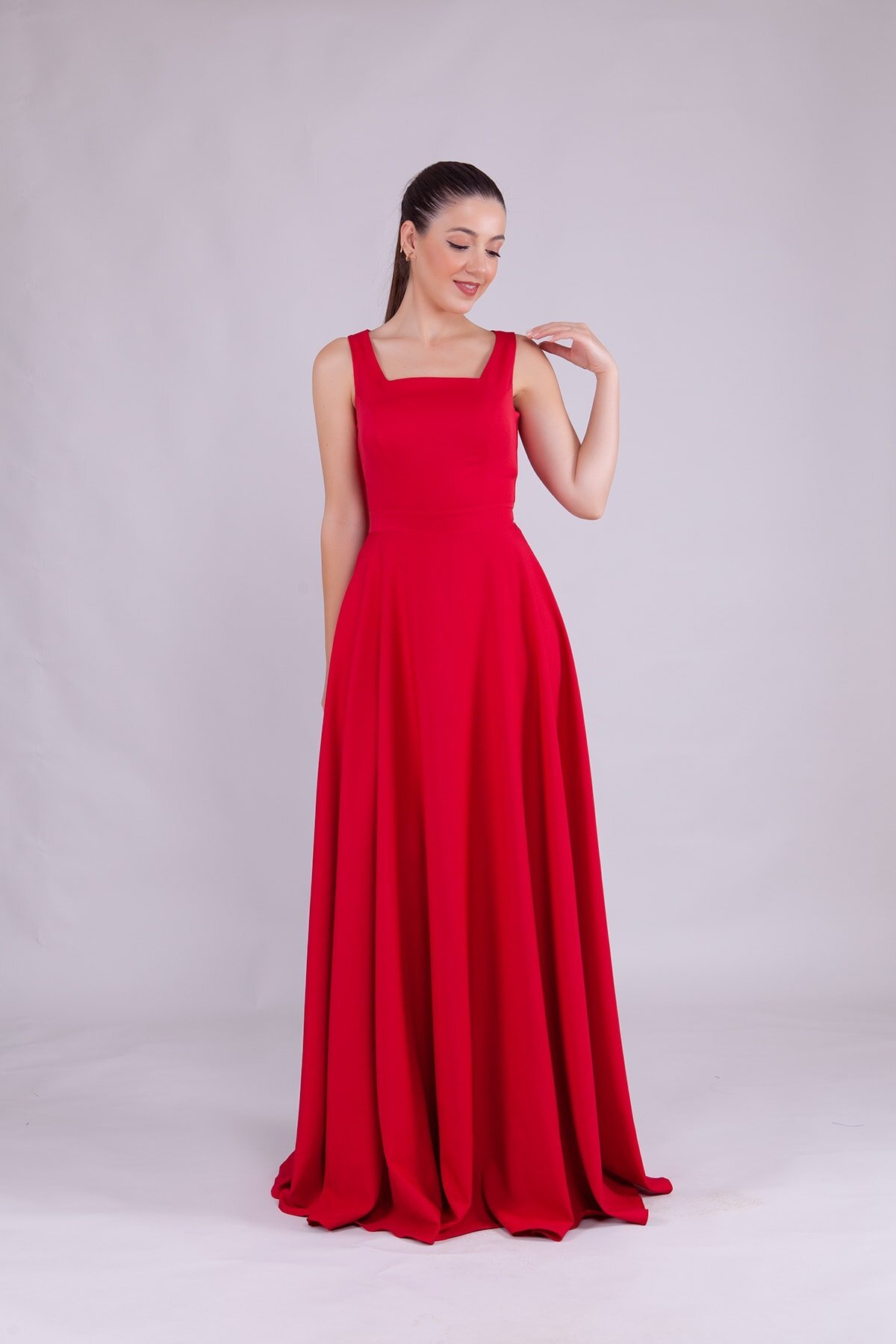 Long Square-Neck Evening Dress - Red - Bidoluelbise