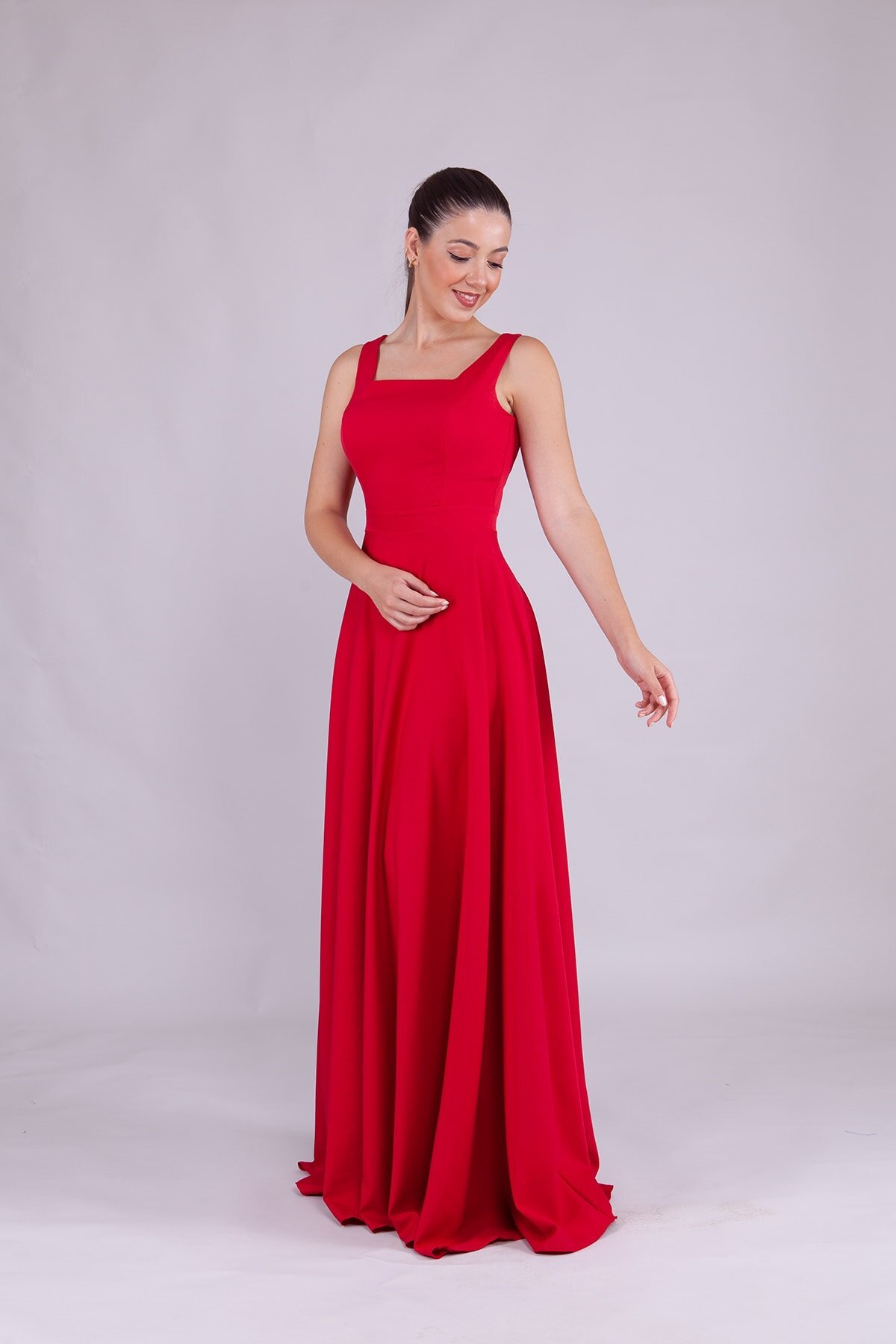 Long Square-Neck Evening Dress - Red - Bidoluelbise