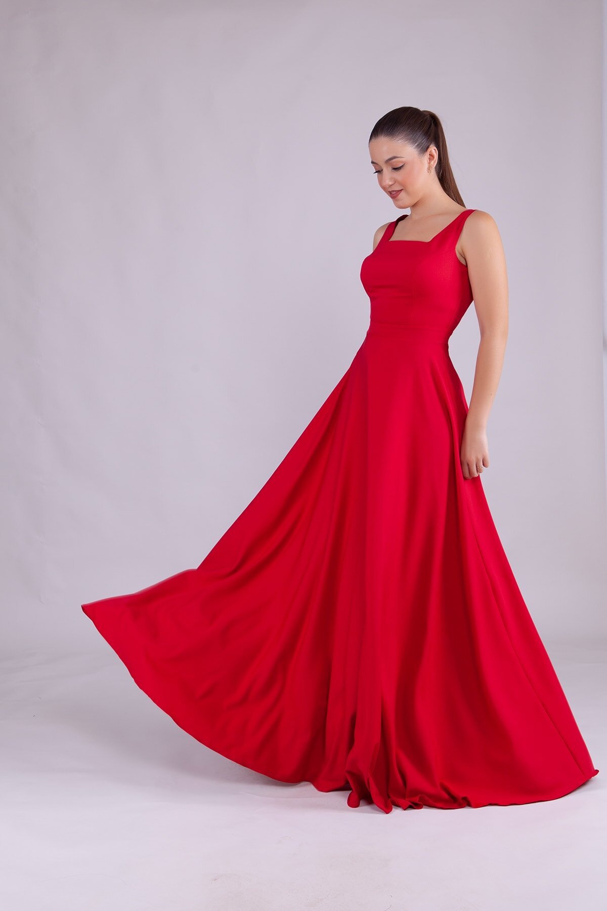 Long Square-Neck Evening Dress - Red - Bidoluelbise