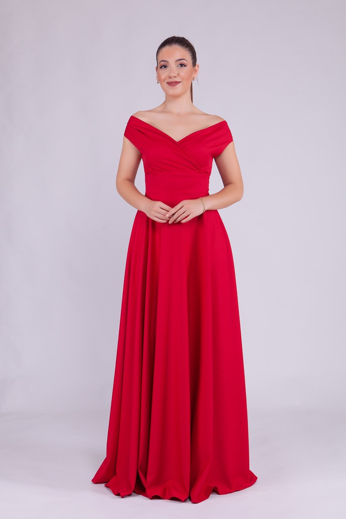 Long Boat-Neck Evening Dress - Red - Bidoluelbise