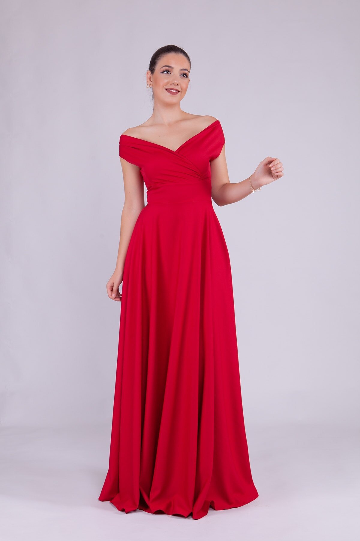 Long Boat-Neck Evening Dress - Red - Bidoluelbise