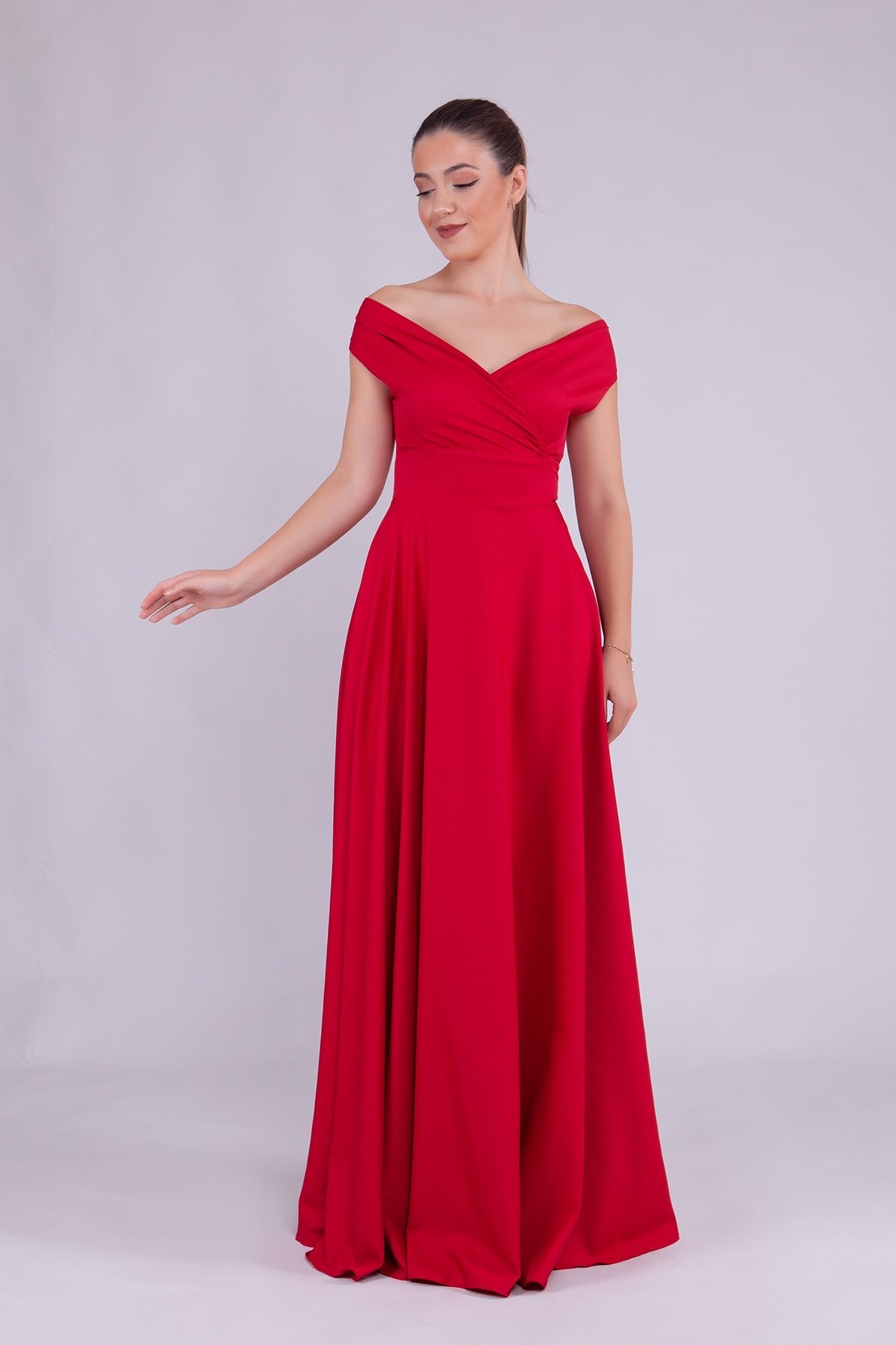 Long Boat-Neck Evening Dress - Red - Bidoluelbise