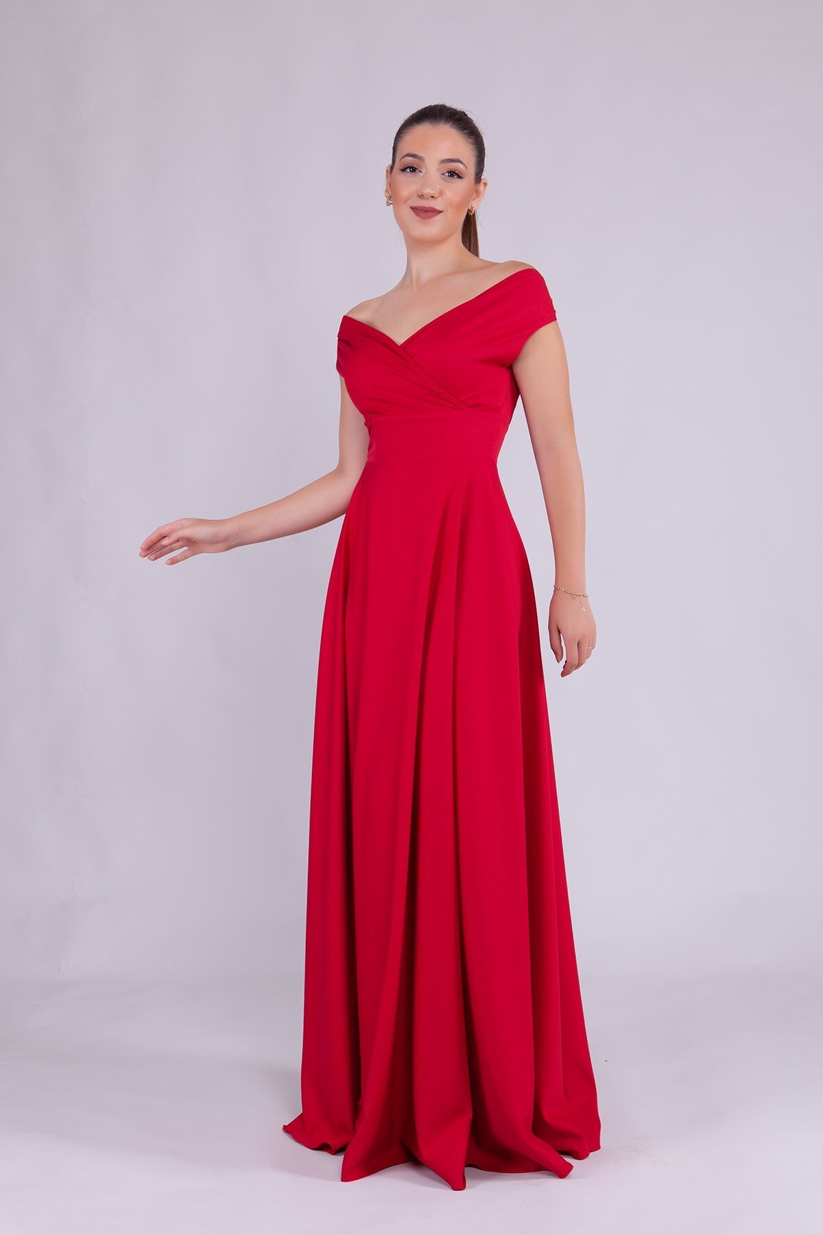 Long Boat-Neck Evening Dress - Red - Bidoluelbise