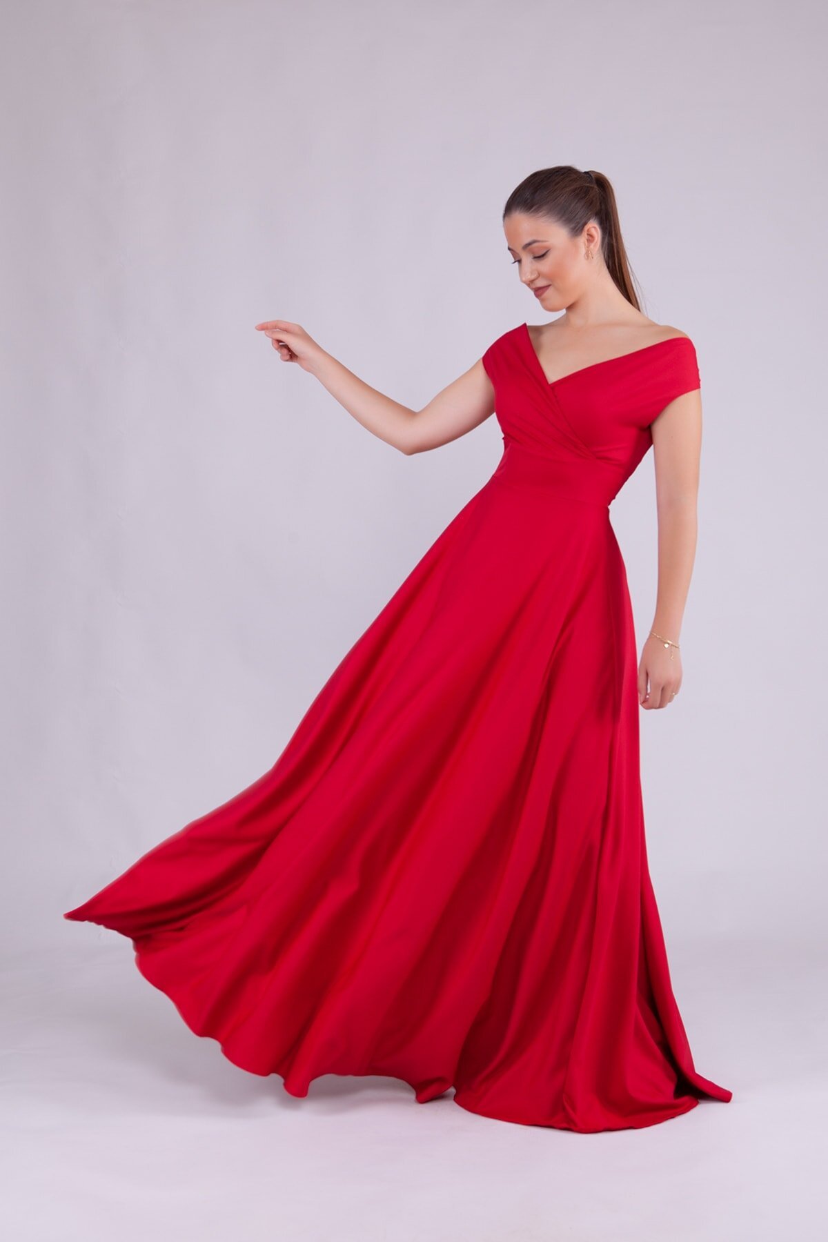 Long Boat-Neck Evening Dress - Red - Bidoluelbise