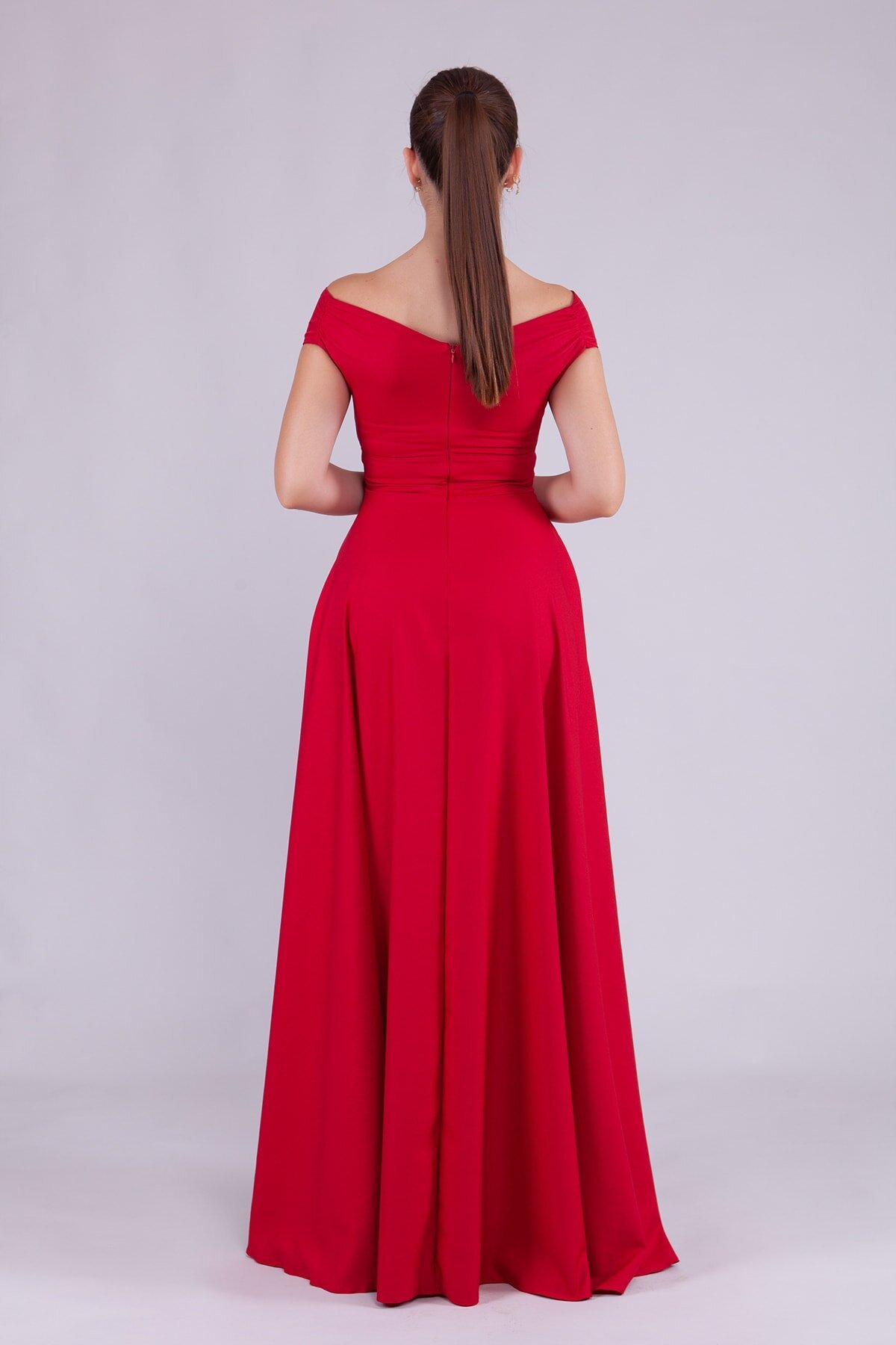 Long Boat-Neck Evening Dress - Red - Bidoluelbise