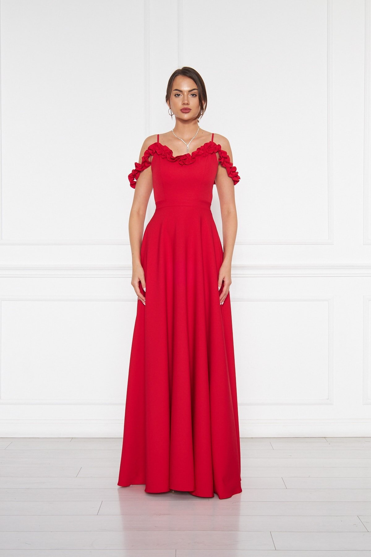 Long Flared Adjustable-Strap Ruffle-Detail Evening Dress - Red - Bidoluelbise