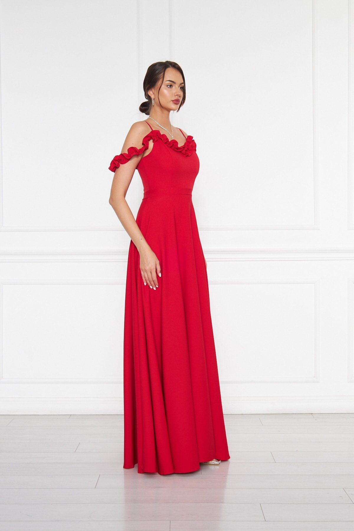 Long Flared Adjustable-Strap Ruffle-Detail Evening Dress - Red - Bidoluelbise