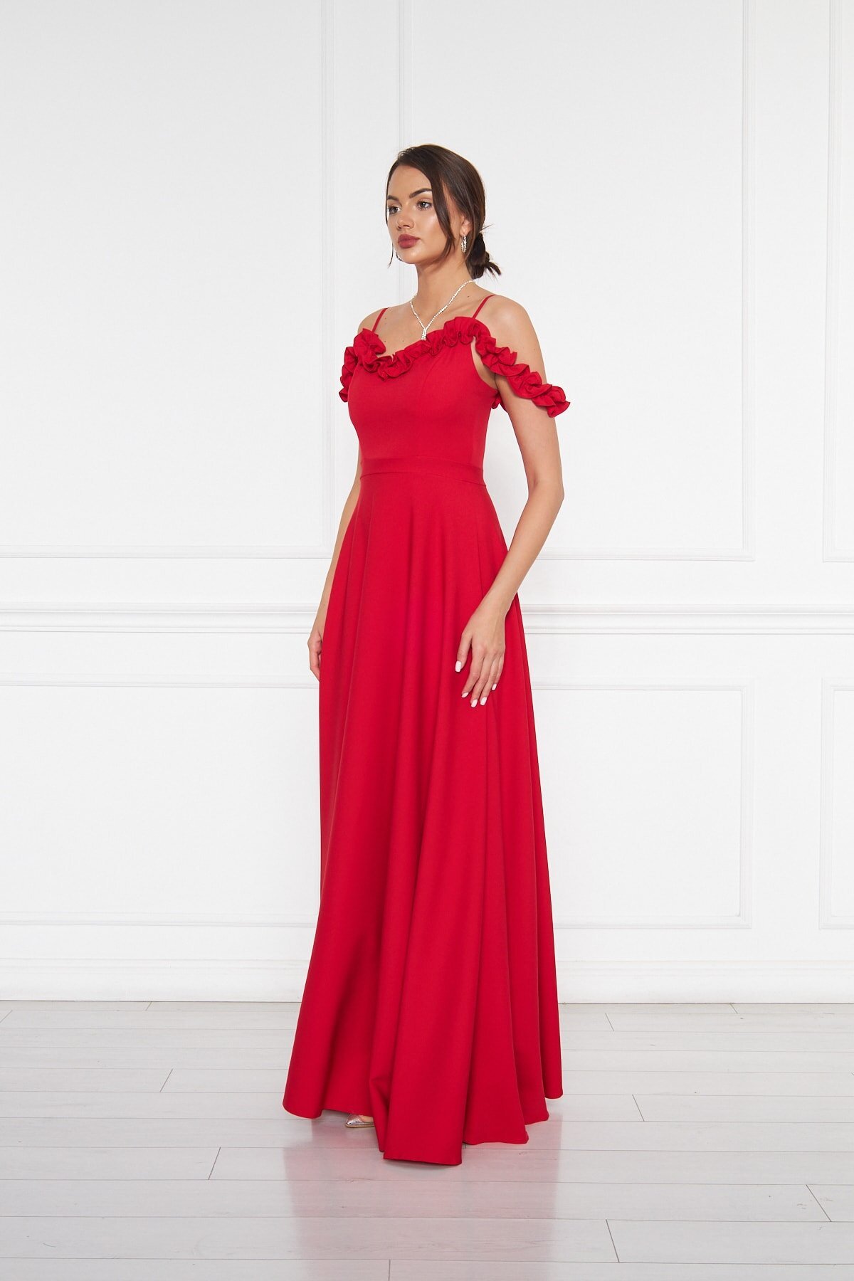 Long Flared Adjustable-Strap Ruffle-Detail Evening Dress - Red - Bidoluelbise