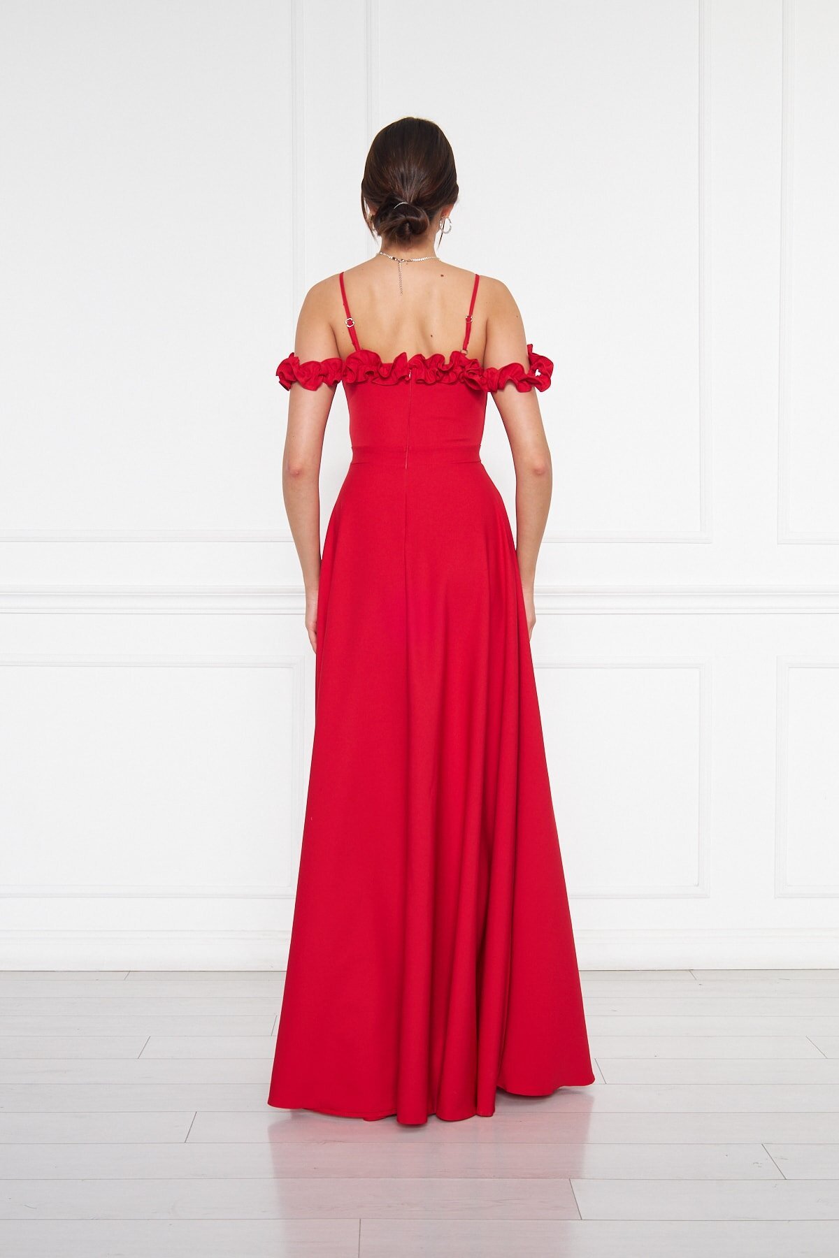 Long Flared Adjustable-Strap Ruffle-Detail Evening Dress - Red - Bidoluelbise