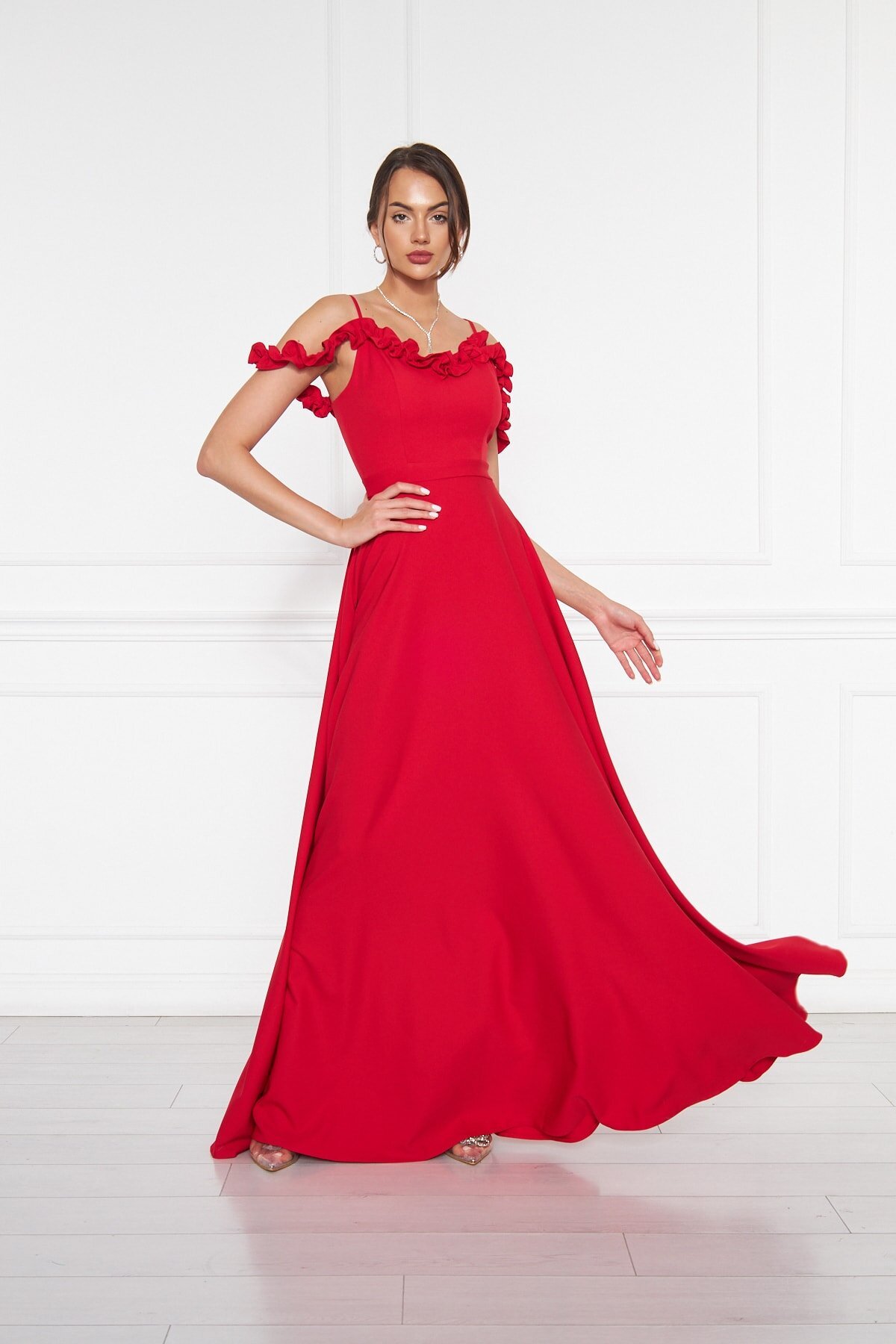 Long Flared Adjustable-Strap Ruffle-Detail Evening Dress - Red - Bidoluelbise