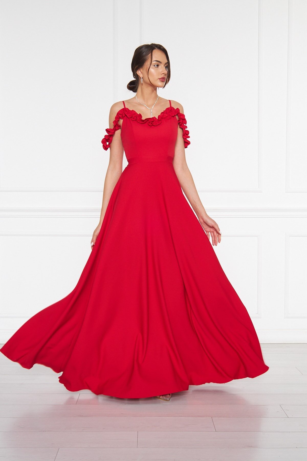 Long Flared Adjustable-Strap Ruffle-Detail Evening Dress - Red - Bidoluelbise