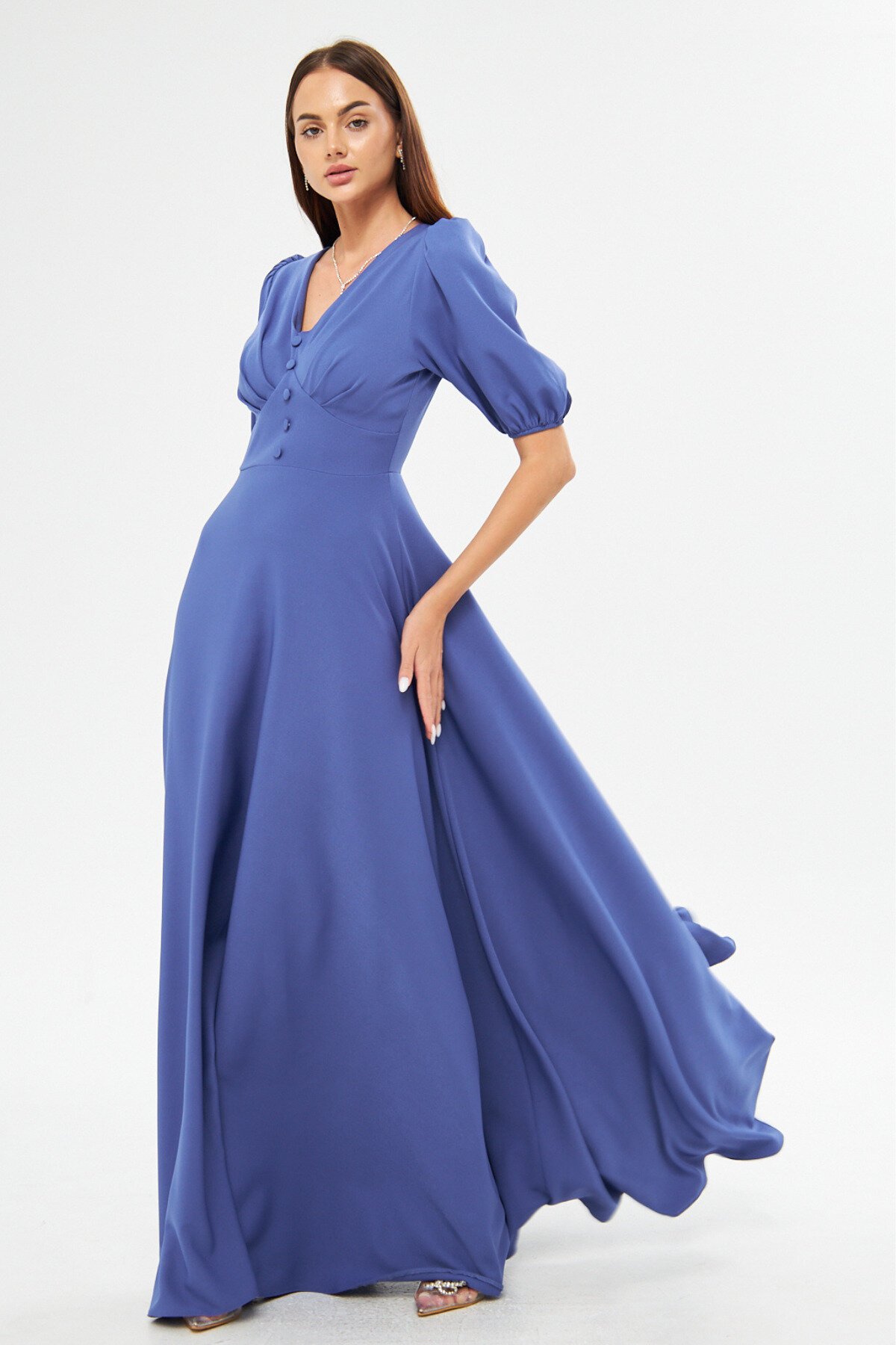 Kot Mavi Uzun Balon Kol V Yaka Korsaj Kemer Detay Abiye Elbise - Bidoluelbise