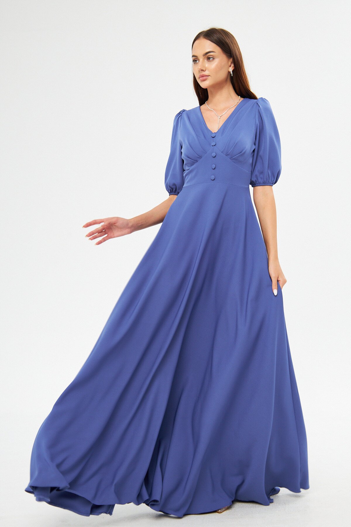 Long V-Neck Balloon Sleeve Corset Belt Detail Evening Dress - Blue - Bidoluelbise