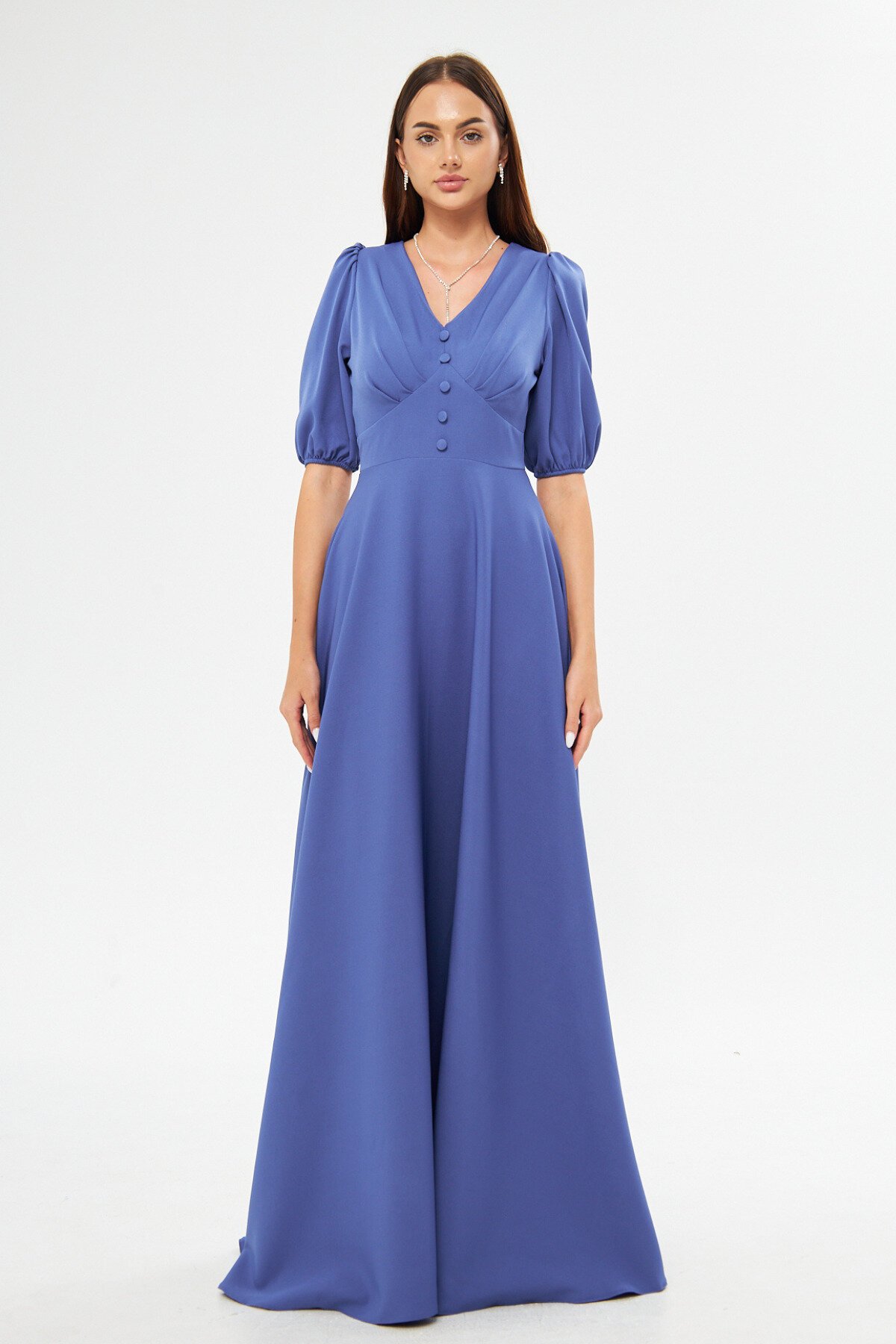 Long V-Neck Balloon Sleeve Corset Belt Detail Evening Dress - Blue - Bidoluelbise