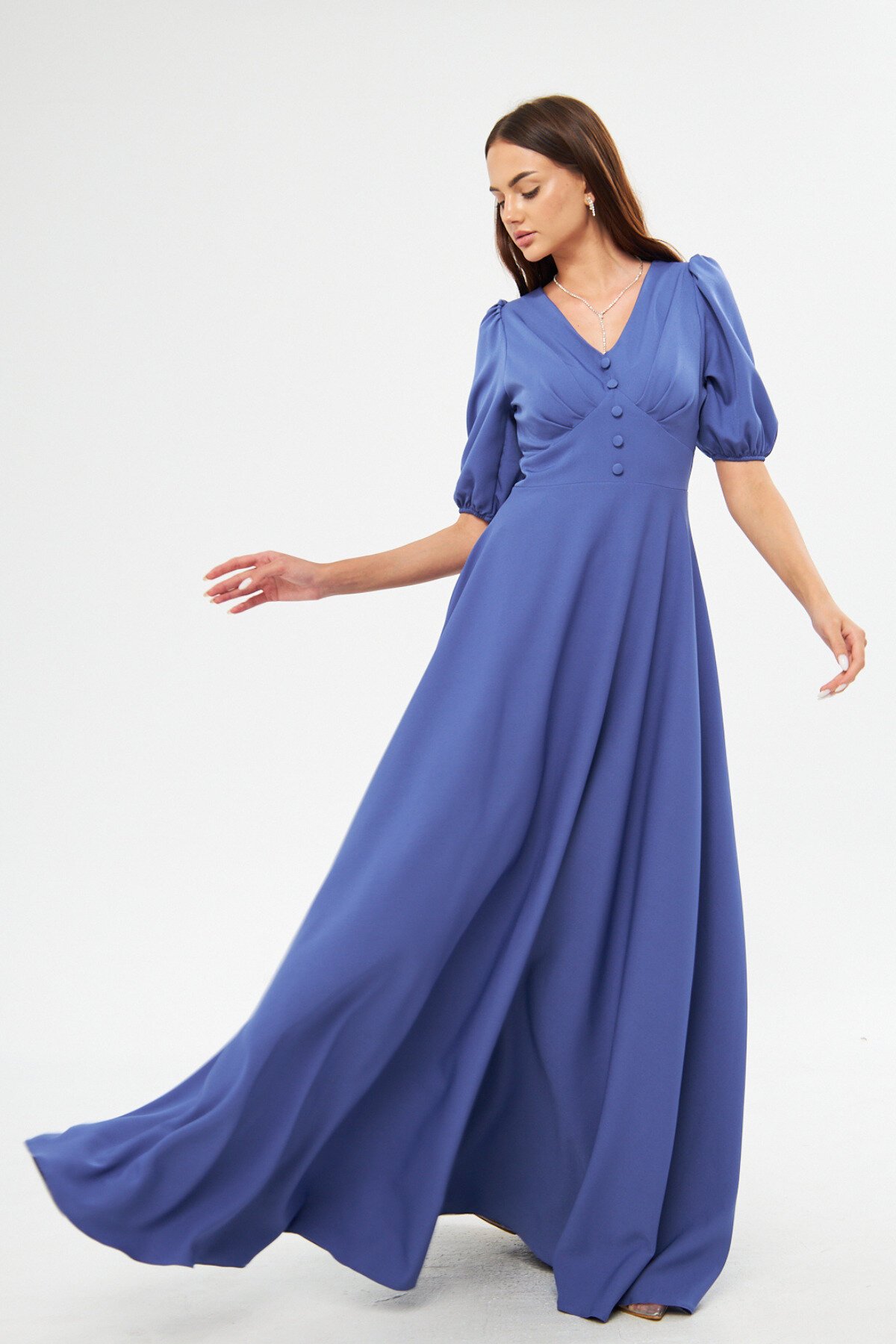 Long V-Neck Balloon Sleeve Corset Belt Detail Evening Dress - Blue - Bidoluelbise