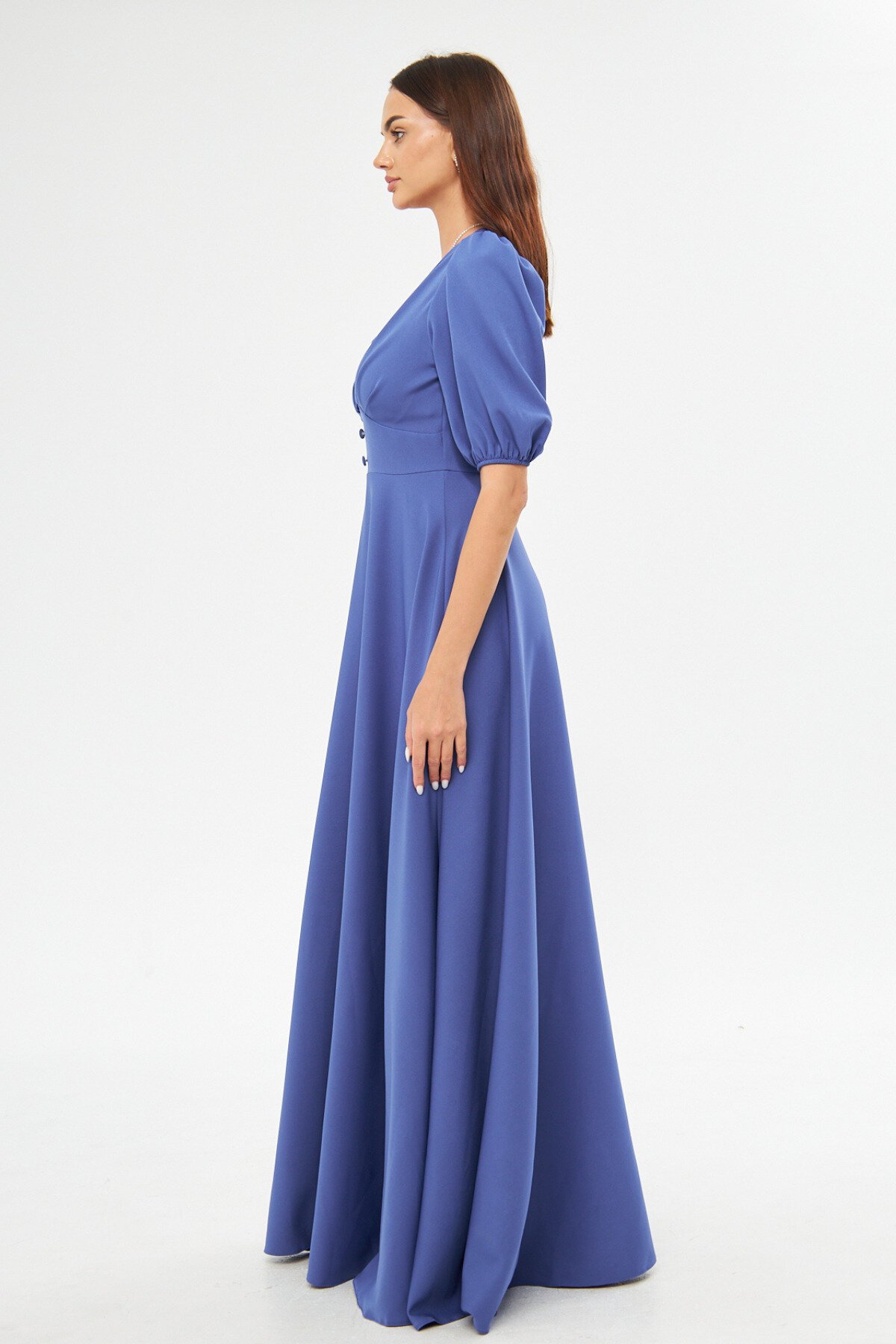 Long V-Neck Balloon Sleeve Corset Belt Detail Evening Dress - Blue - Bidoluelbise