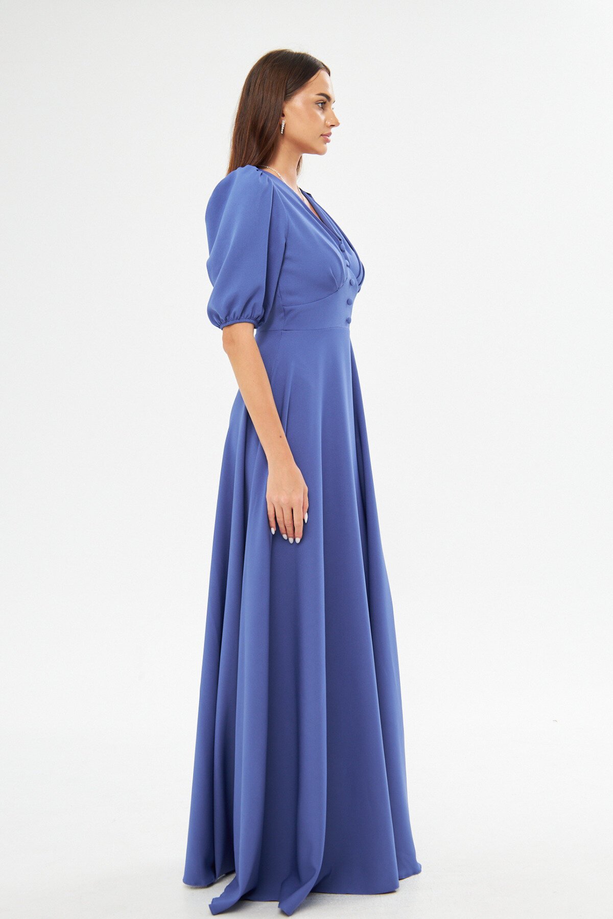 Long V-Neck Balloon Sleeve Corset Belt Detail Evening Dress - Blue - Bidoluelbise