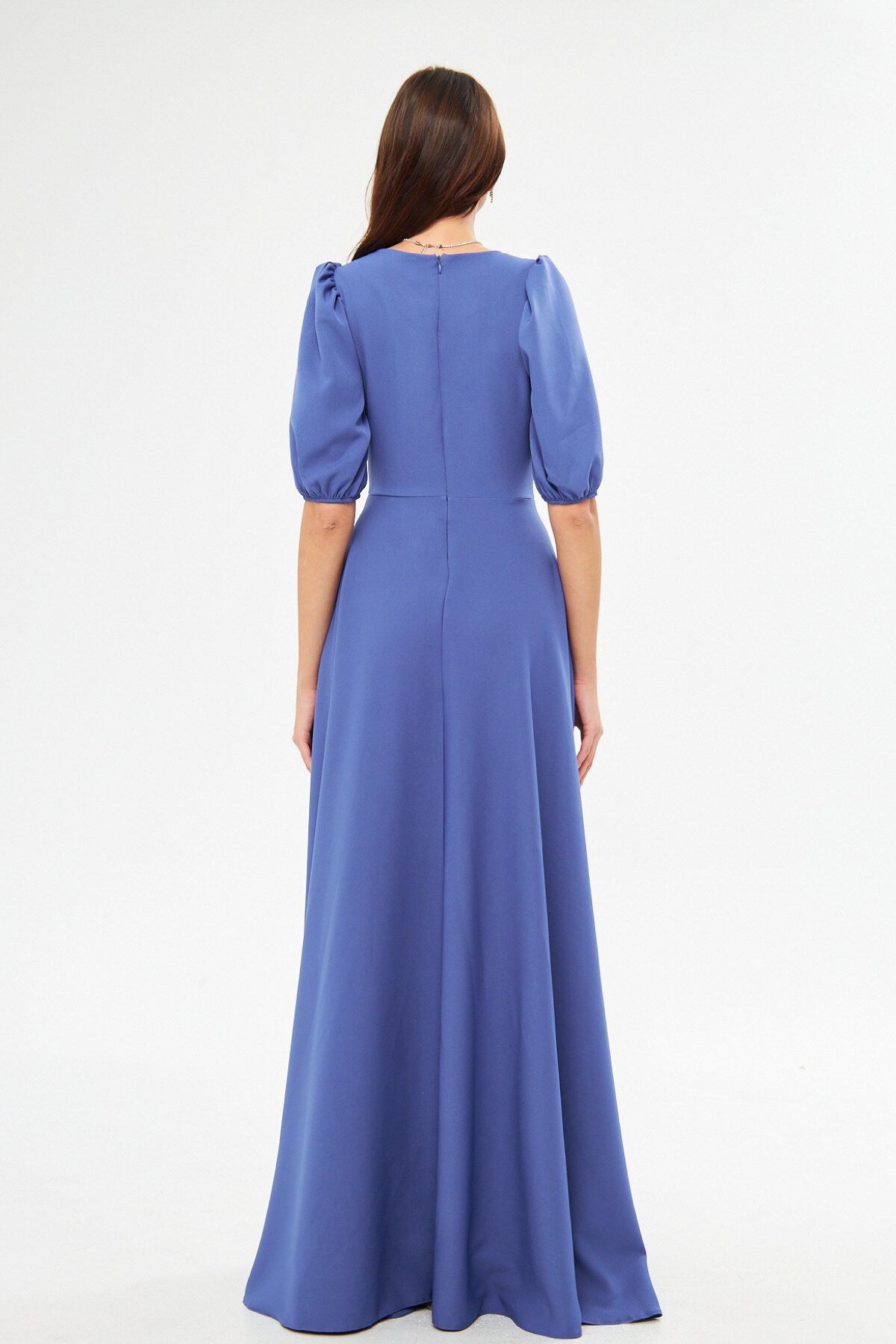 Long V-Neck Balloon Sleeve Corset Belt Detail Evening Dress - Blue - Bidoluelbise