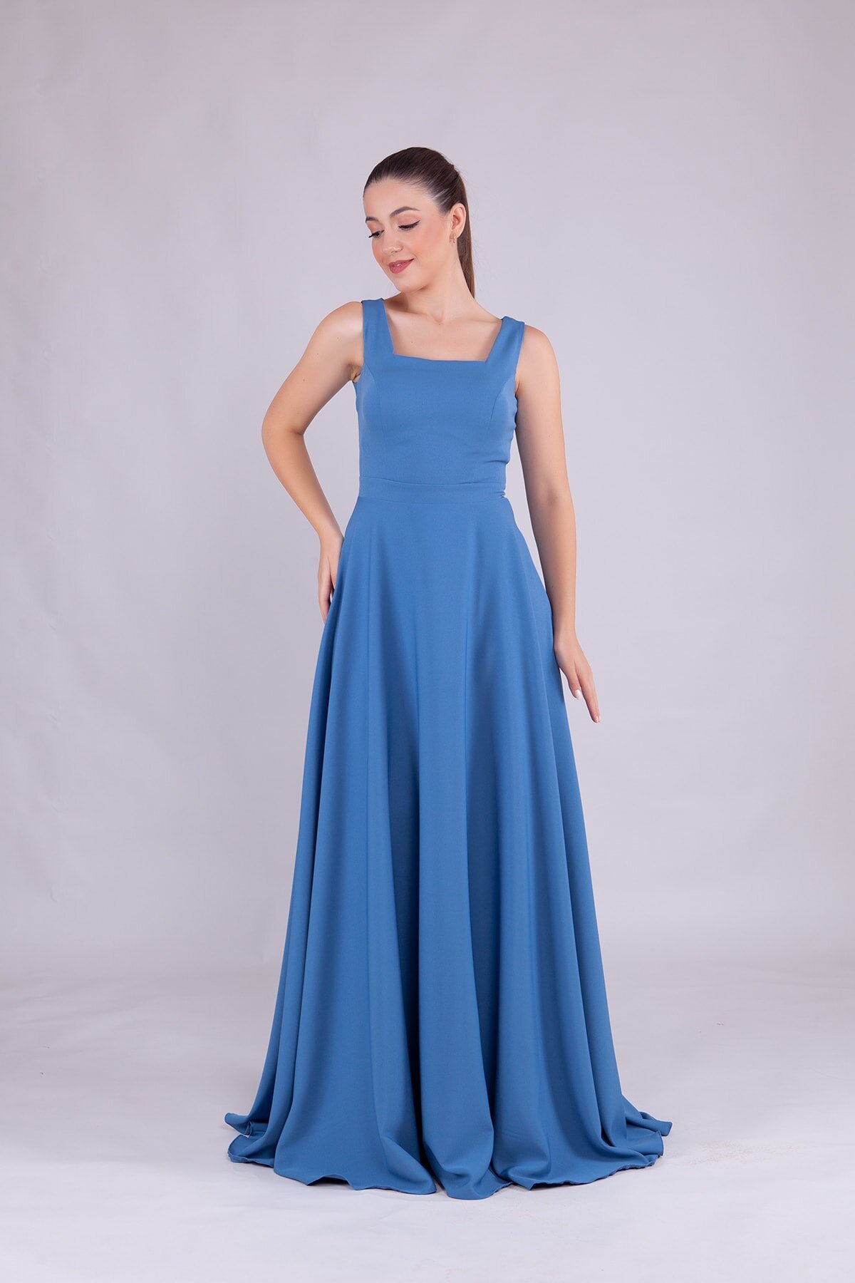 Long Denim Square Neck Evening Dress - Blue - Bidoluelbise