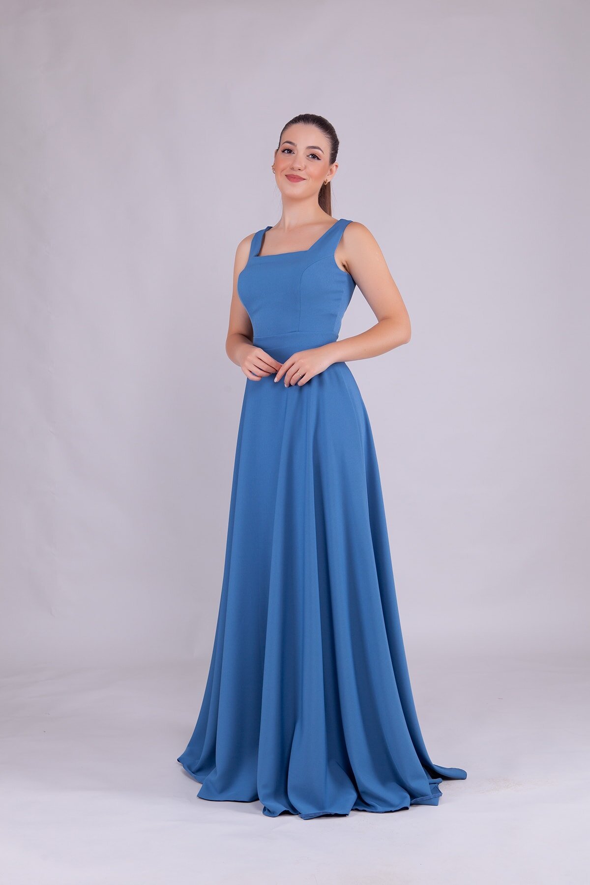 Long Denim Square Neck Evening Dress - Blue - Bidoluelbise