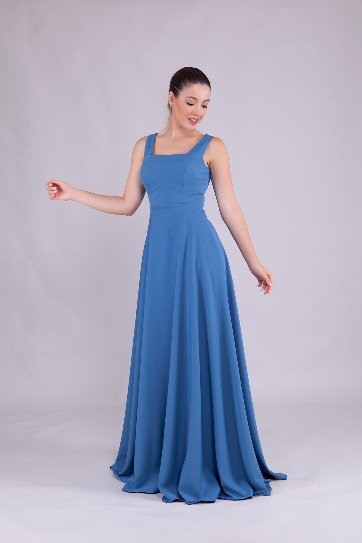 Long Denim Square Neck Evening Dress - Blue - Bidoluelbise