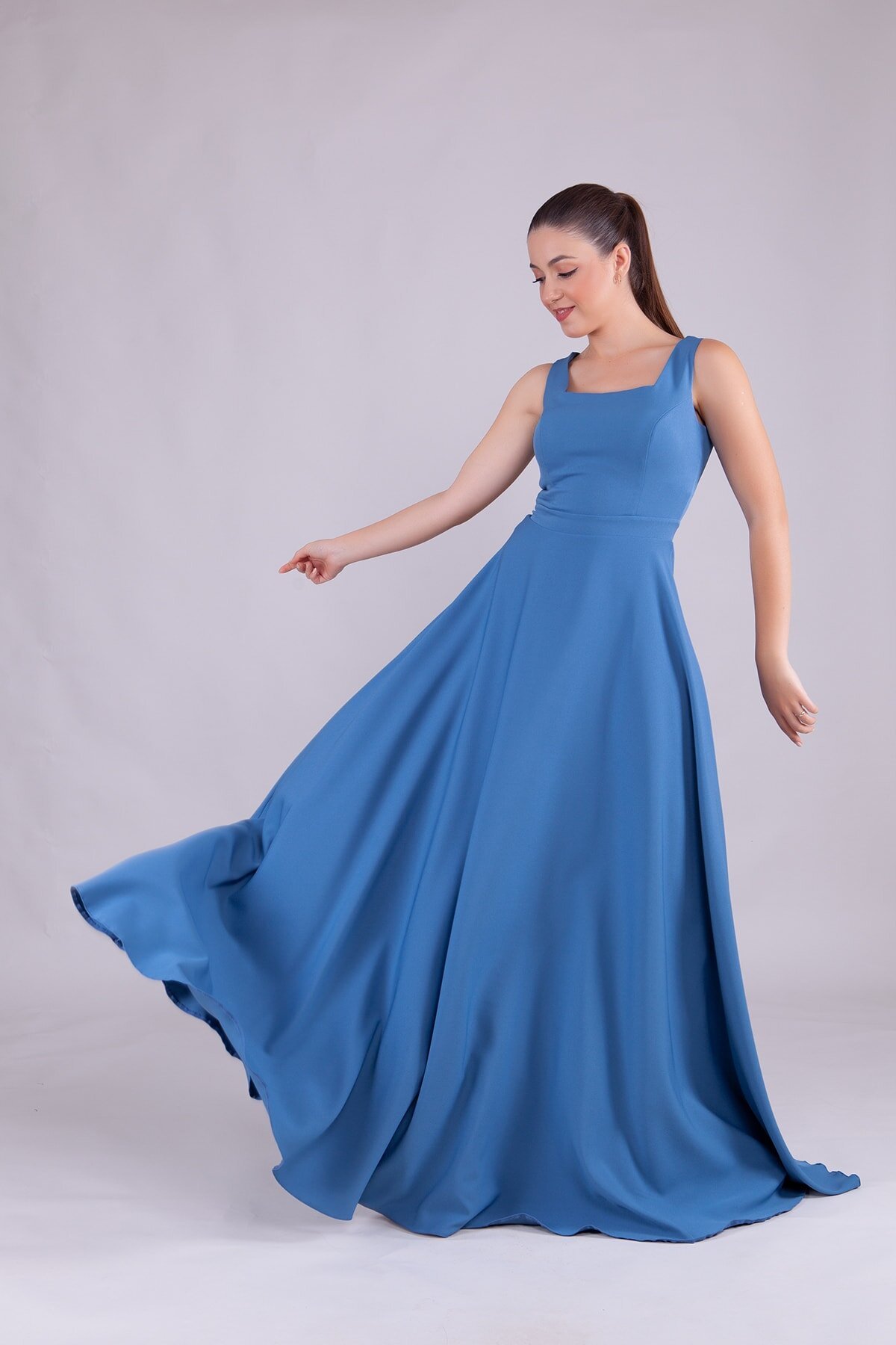 Long Denim Square Neck Evening Dress - Blue - Bidoluelbise