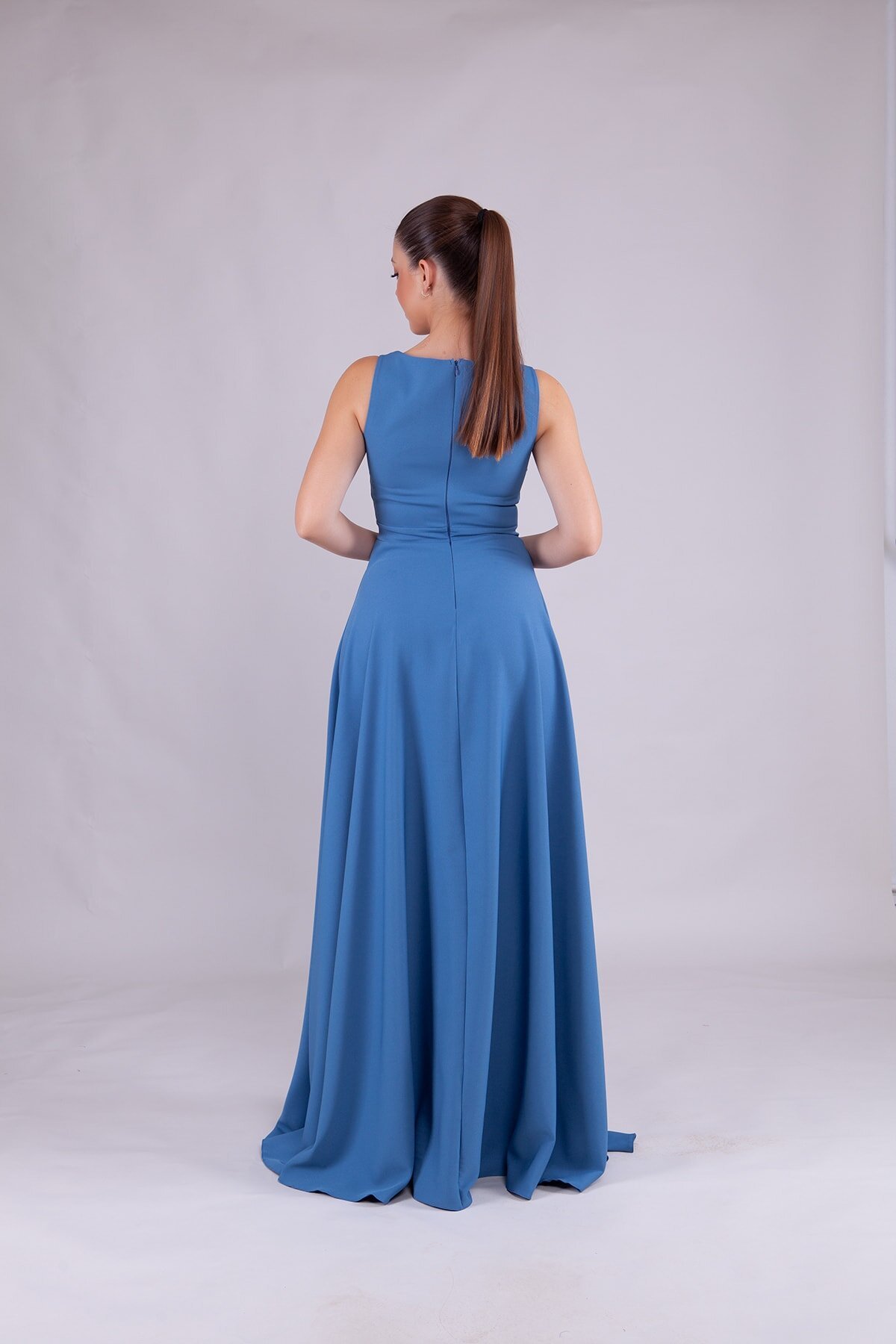 Long Denim Square Neck Evening Dress - Blue - Bidoluelbise