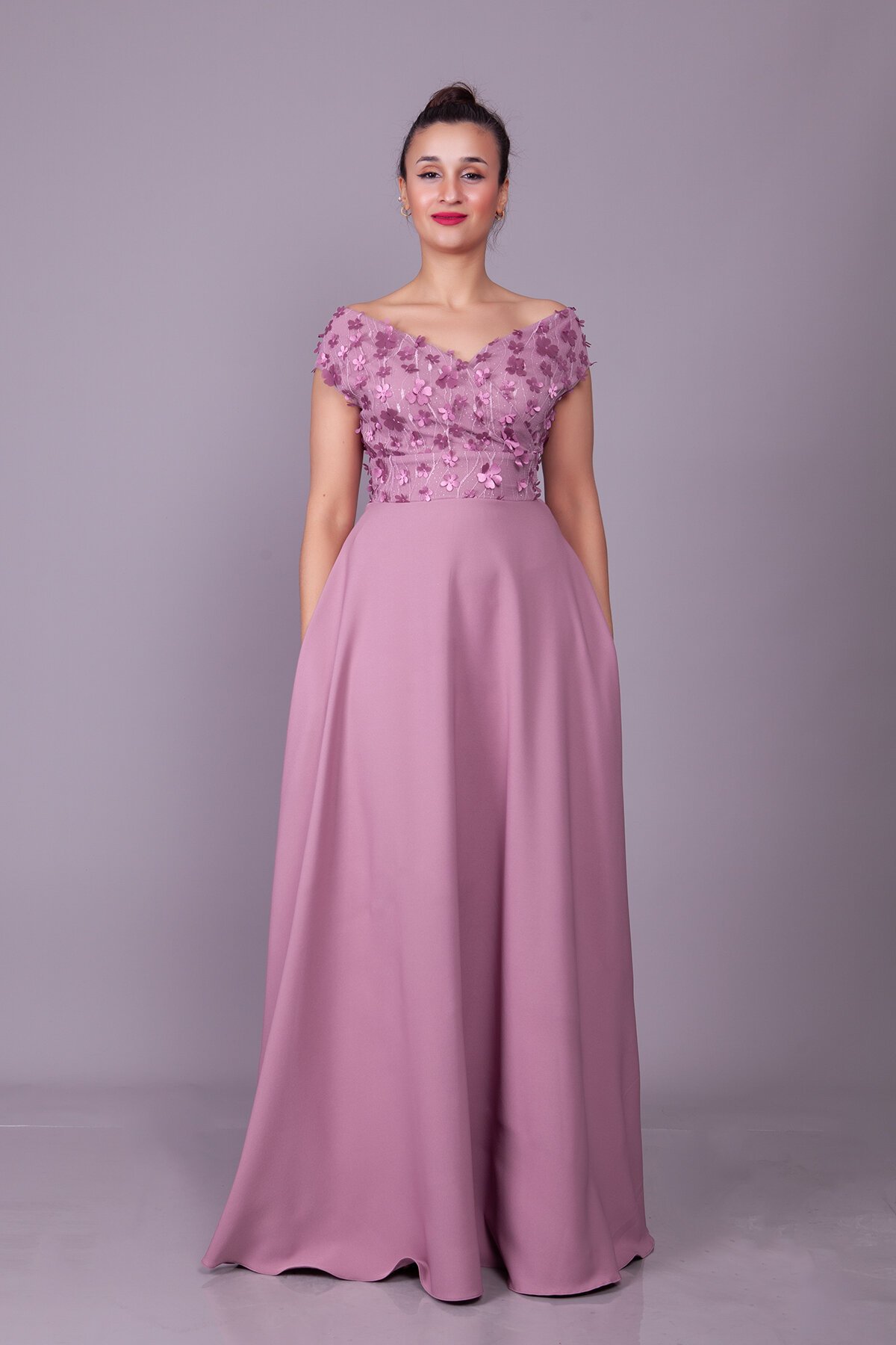 Long Boat Neck Floral Tulle Detail Evening Dress - Dark Rose - Bidoluelbise
