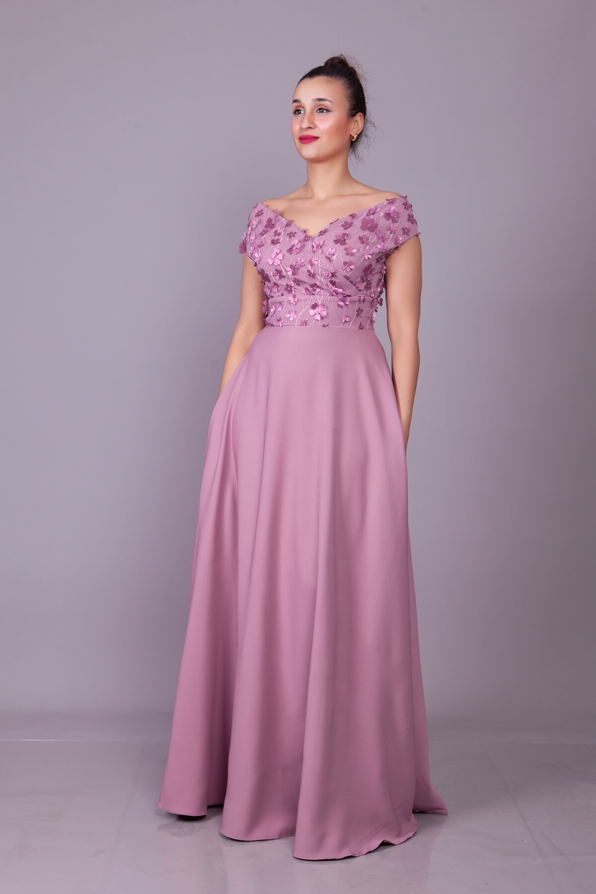 Long Boat Neck Floral Tulle Detail Evening Dress - Dark Rose - Bidoluelbise