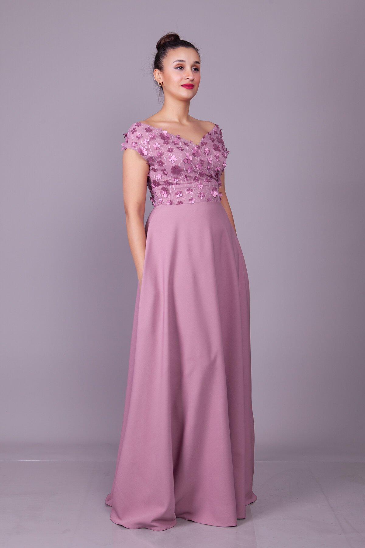 Long Boat Neck Floral Tulle Detail Evening Dress - Dark Rose - Bidoluelbise