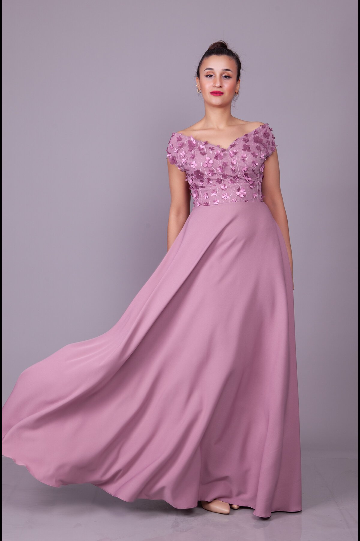 Long Boat Neck Floral Tulle Detail Evening Dress - Dark Rose - Bidoluelbise