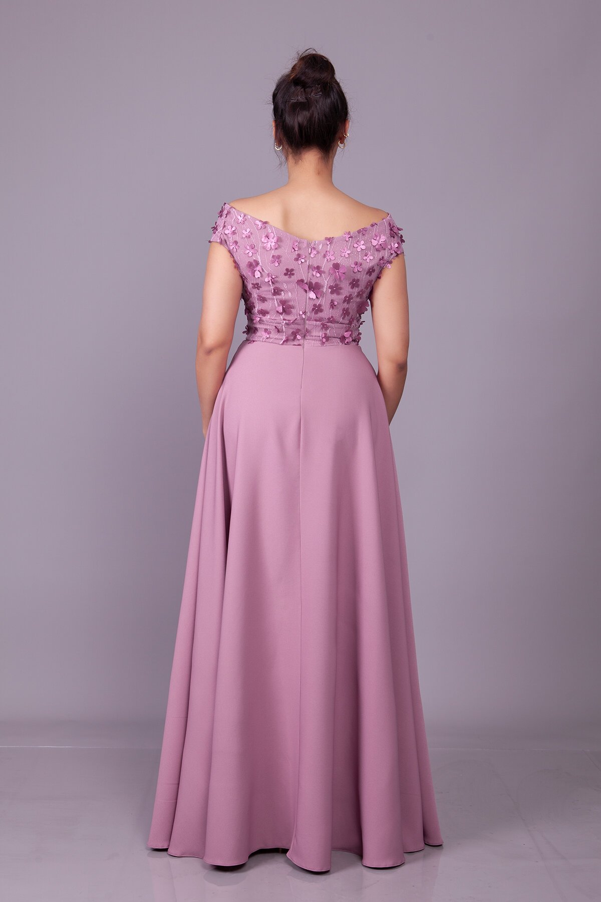 Long Boat Neck Floral Tulle Detail Evening Dress - Dark Rose - Bidoluelbise