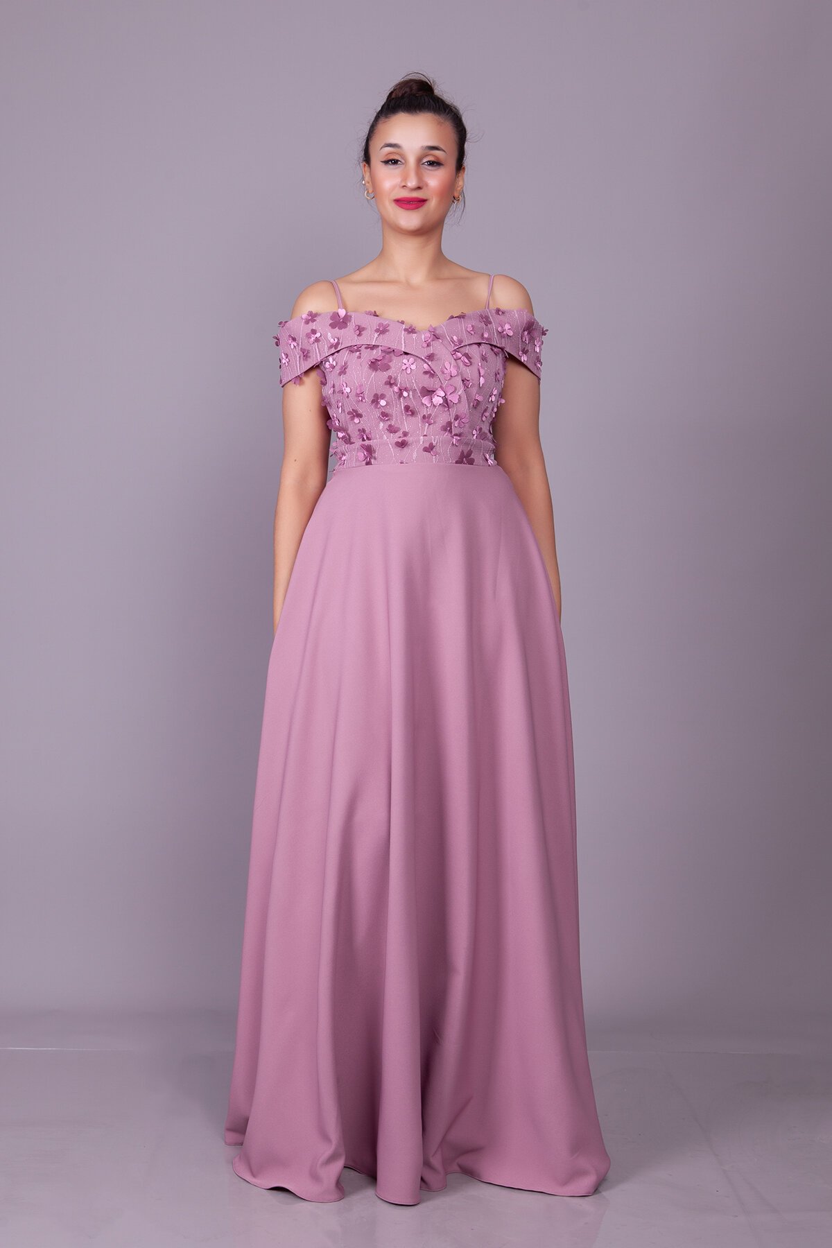 Long Flared Floral Tulle Detail Strappy Off-Shoulder Evening Dress - Dark Rose - Bidoluelbise