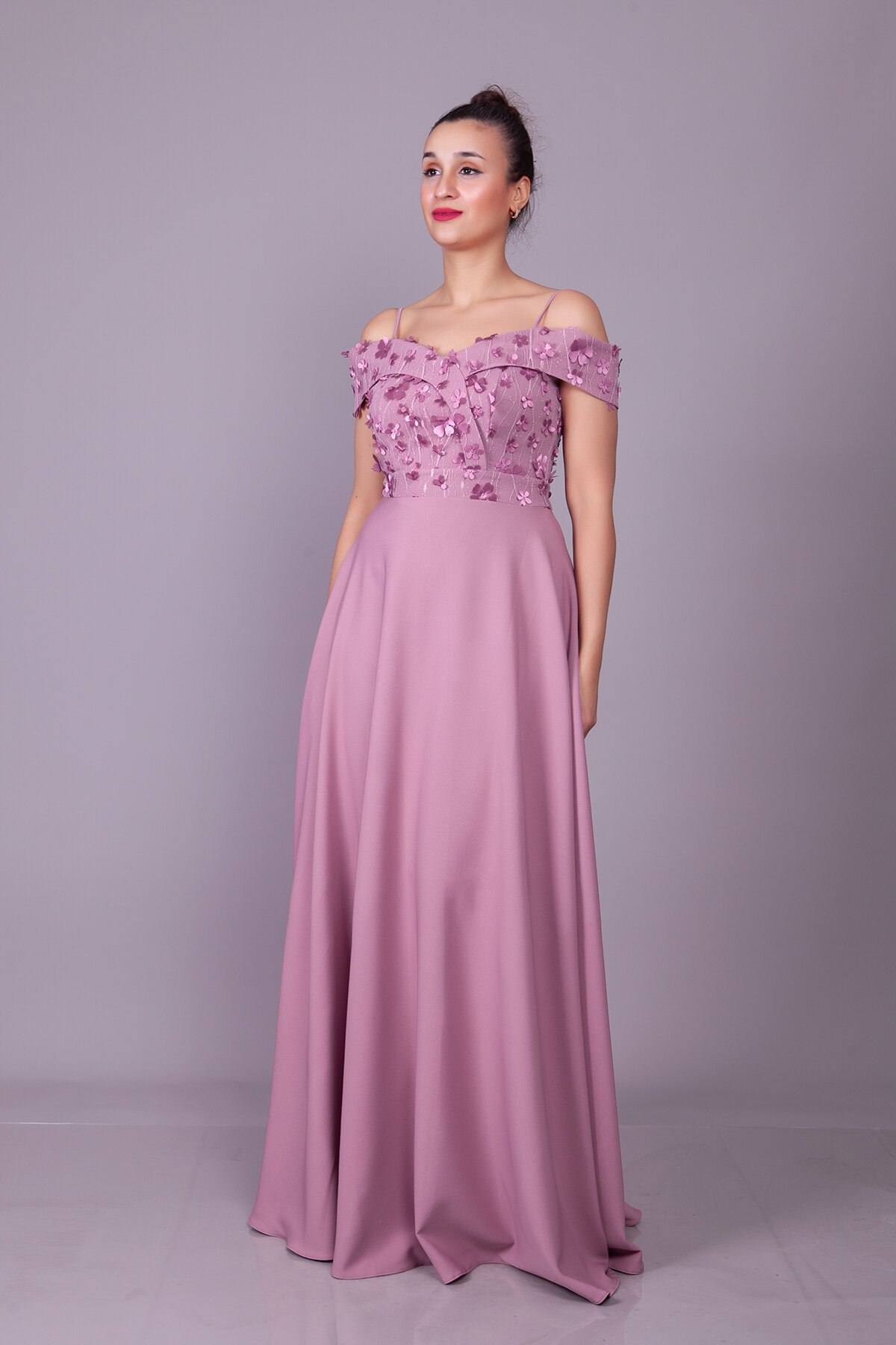 Long Flared Floral Tulle Detail Strappy Off-Shoulder Evening Dress - Dark Rose - Bidoluelbise