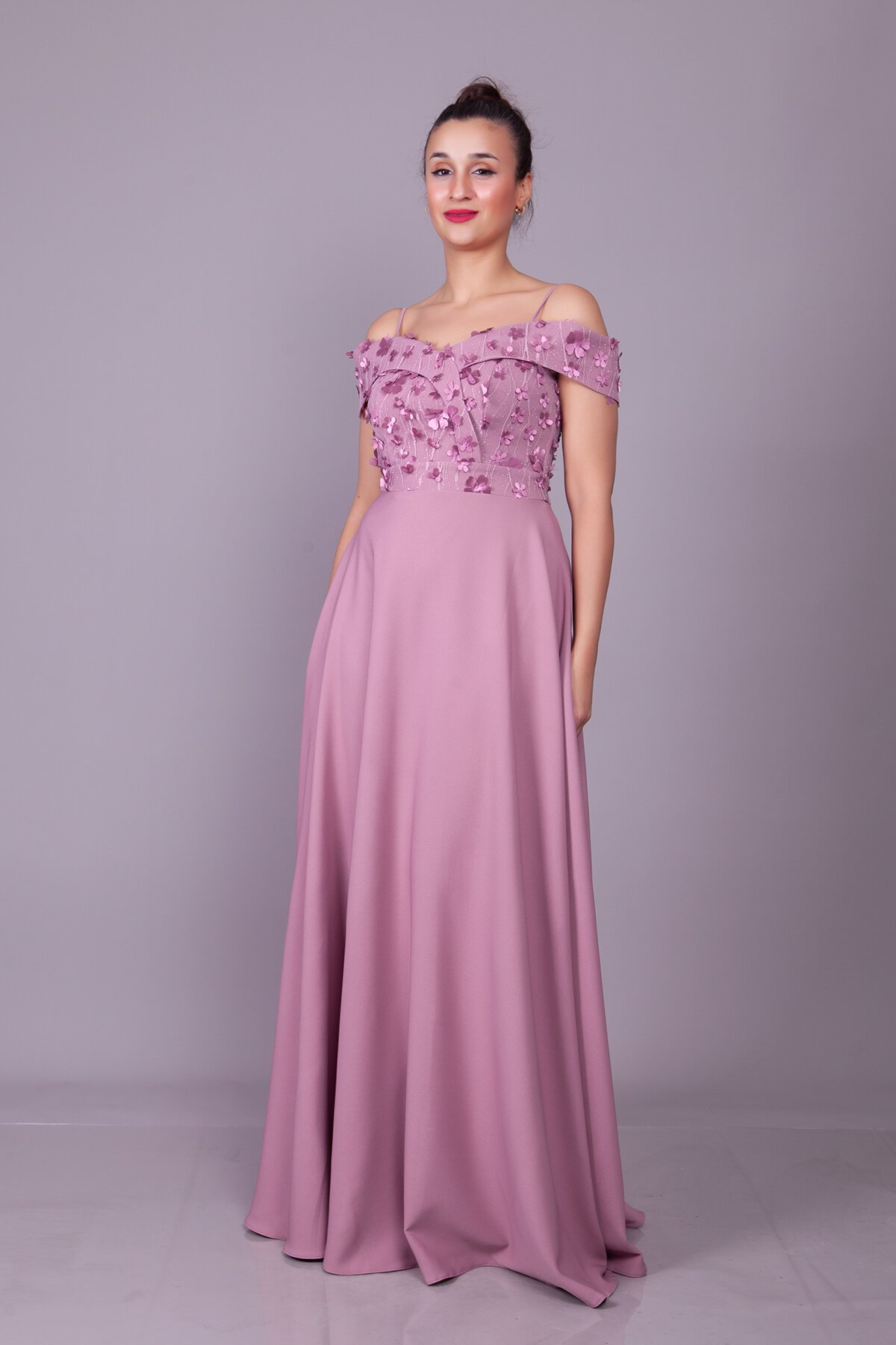 Long Flared Floral Tulle Detail Strappy Off-Shoulder Evening Dress - Dark Rose - Bidoluelbise
