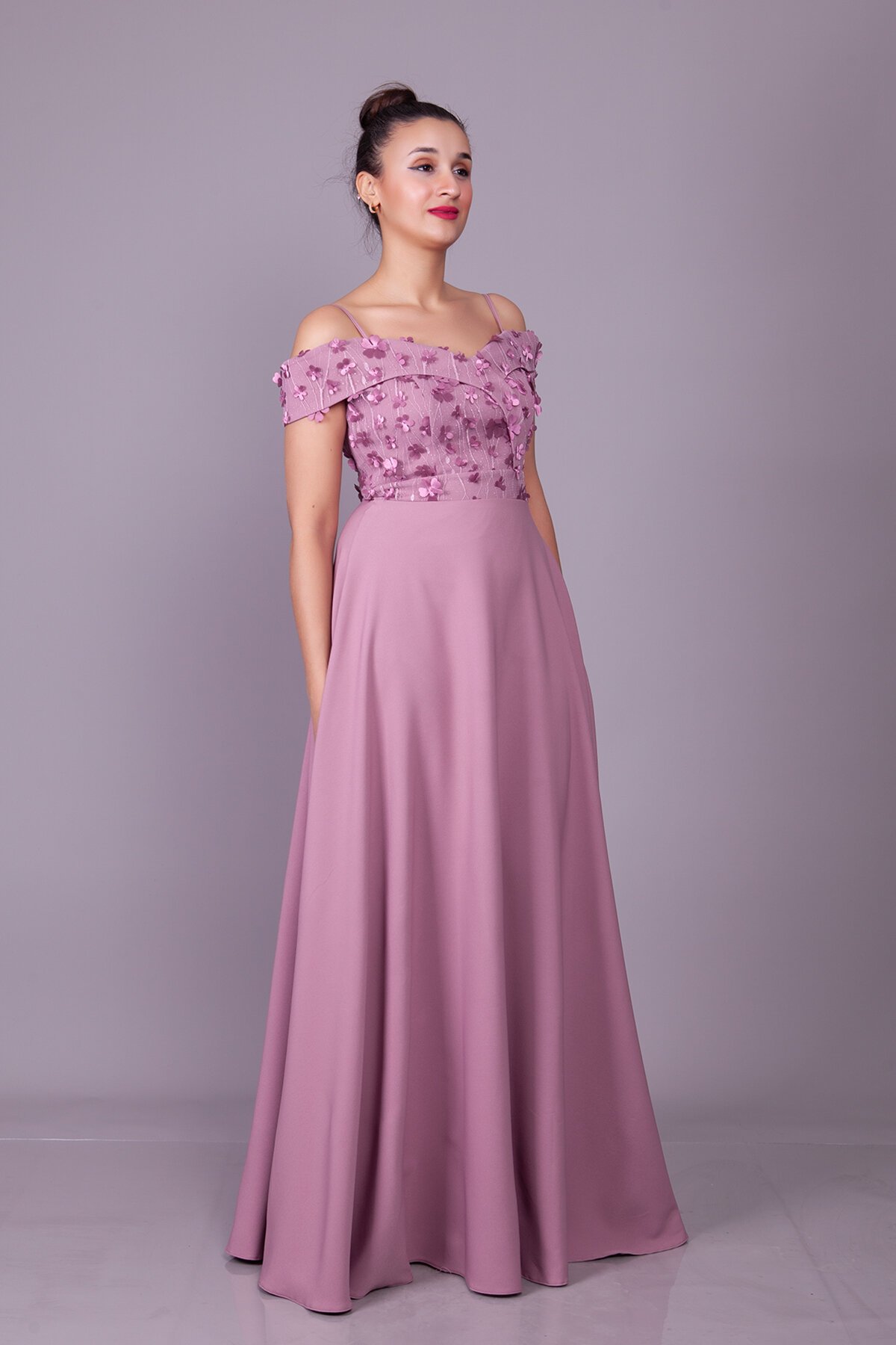 Long Flared Floral Tulle Detail Strappy Off-Shoulder Evening Dress - Dark Rose - Bidoluelbise